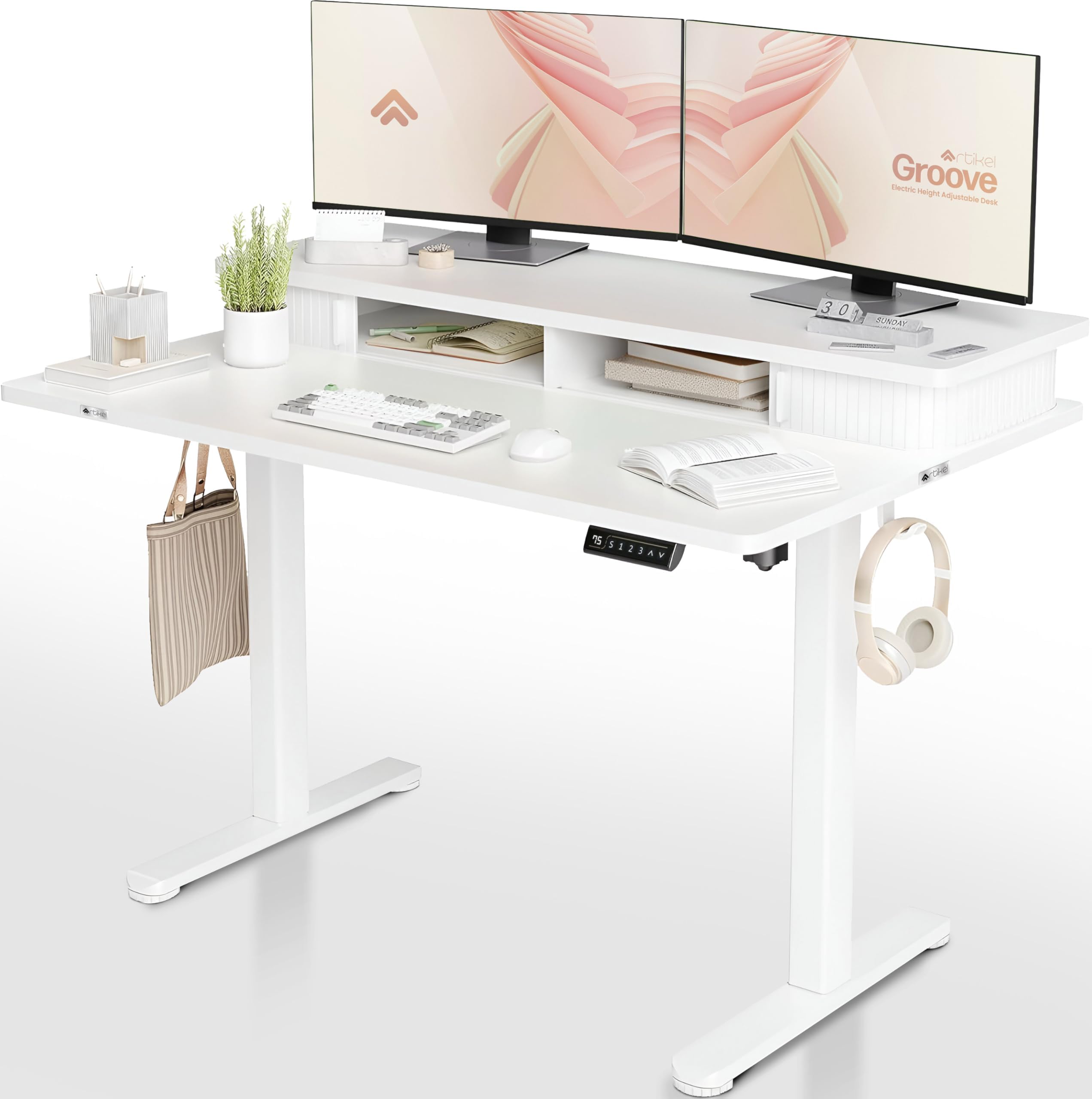 ARTIKEL Groove Electric Height Adjustable Standing Desk with Roller Shutter Door Storage| Sit-Stand Desk for Home Office |Ergonomic Workspace Table with Headphone Hook|120x63cm White, Engineered Wood