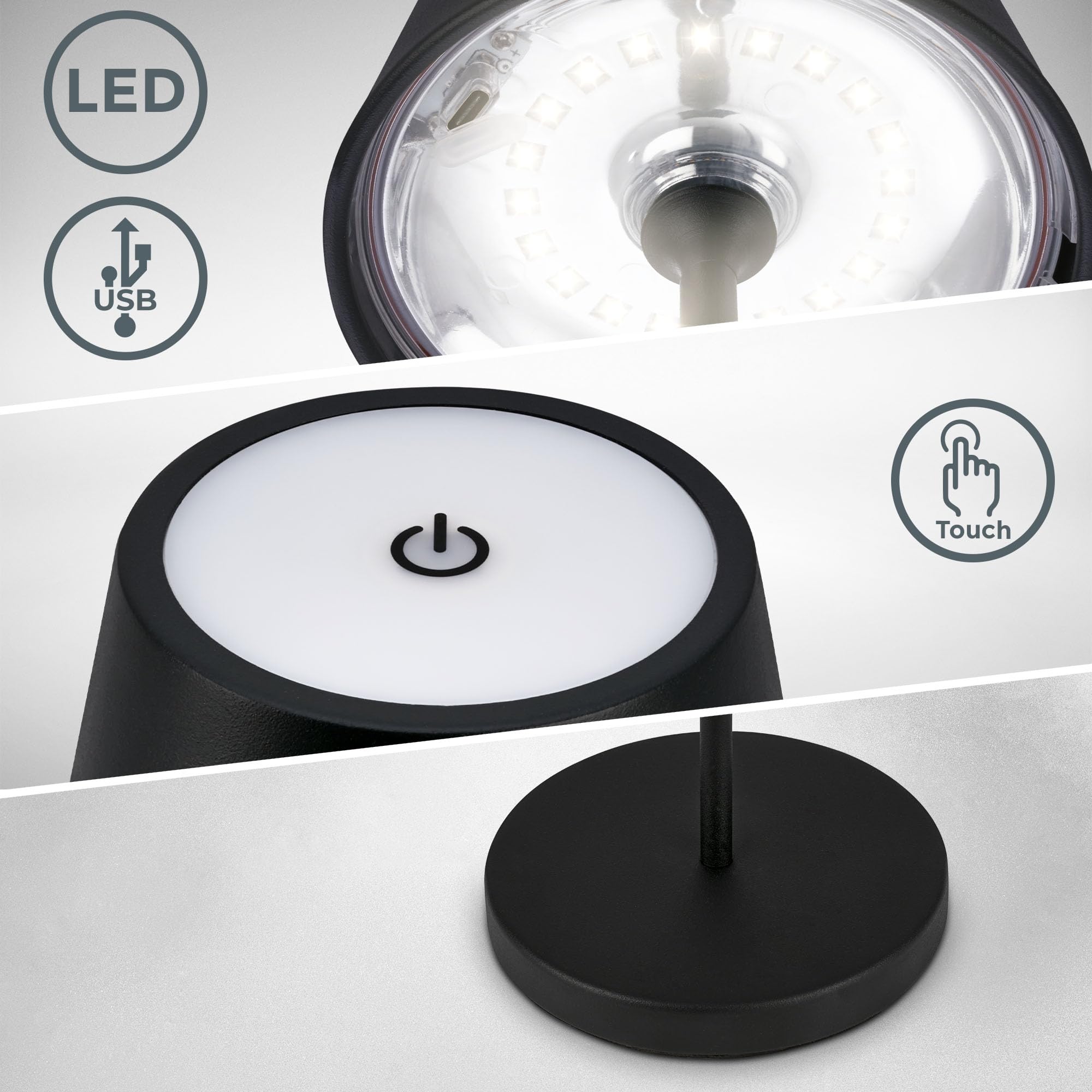 B.K.Licht - Lámpara de Mesa regulable Inalámbrica para Interior y Exterior, Recargable Lámpara de Mesita de Noche LED, Control Tactil, Luz cálida, Decoración de Balcón, Camping, Jardín, Negro, 38 cm