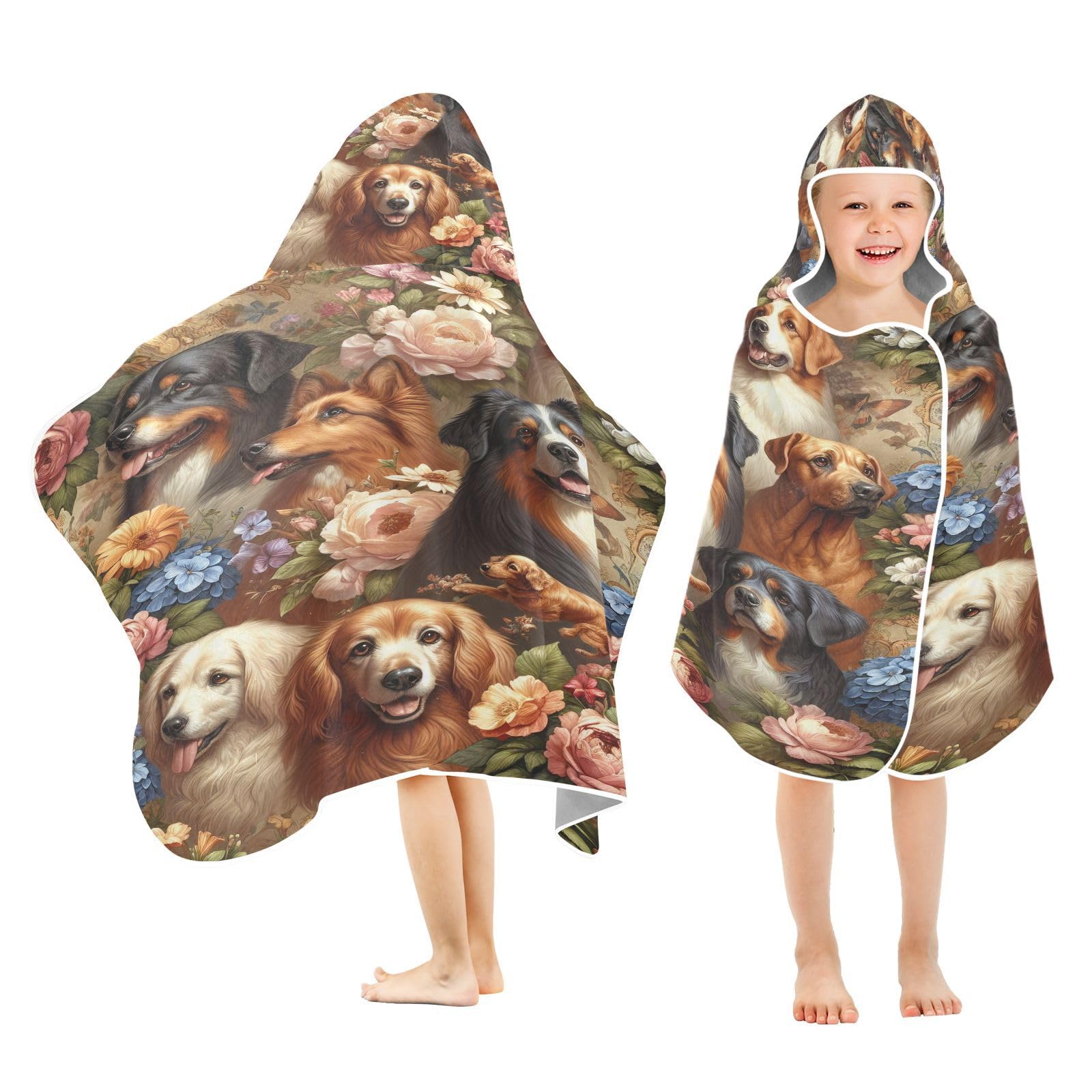 Kigai Dogs Flower Hooded Beach Towel for Kids Soft Absorbent Quick Dry Bath Towel with Hood Lightweight Toddler Shower Pool Bath Wrap for Boys Girls