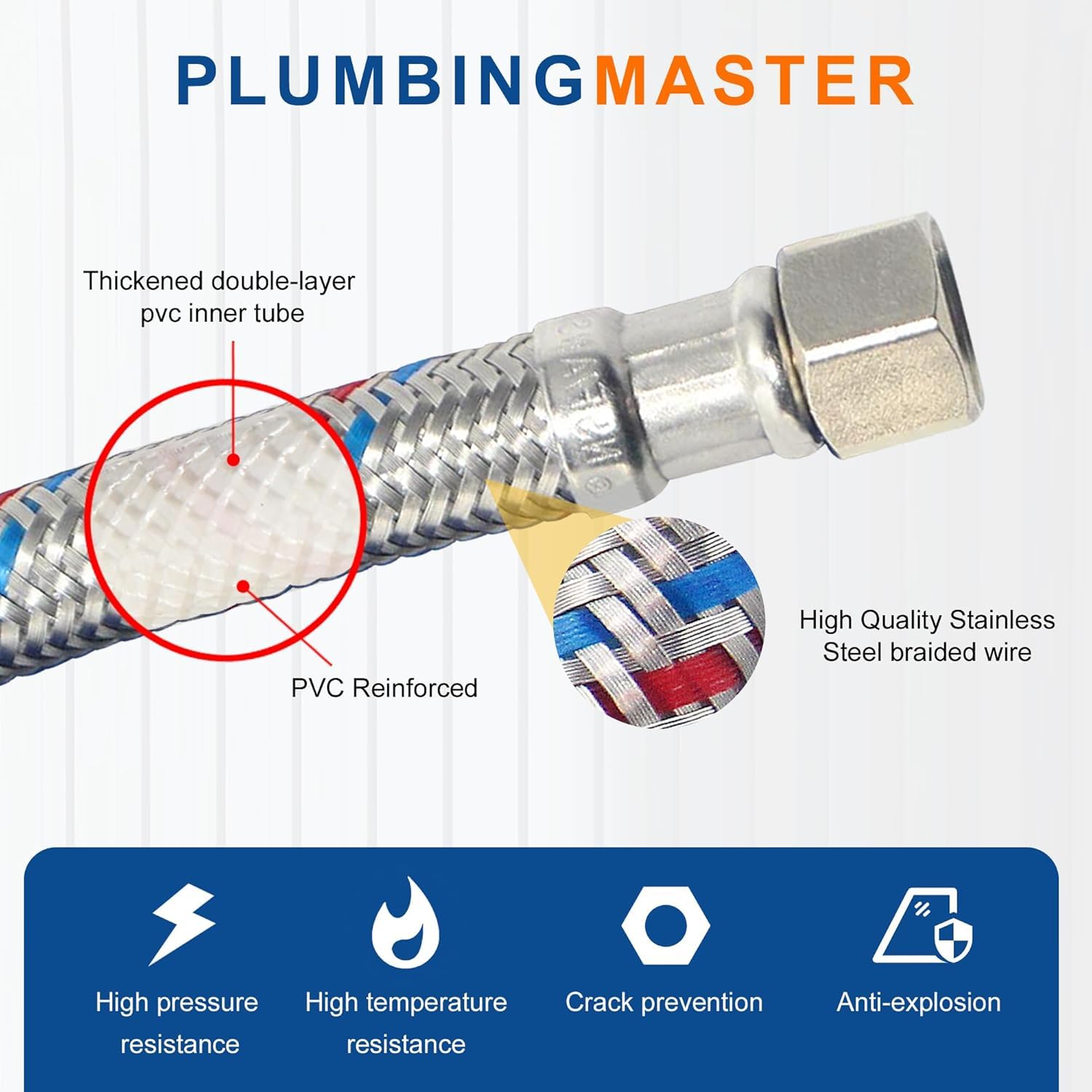 Conector de manguera de grifo de 24 pulgadas (3/8 pulgadas Comp x 1/2 pulgada FIP), líneas de suministro de agua trenzadas de acero inoxidable para grifo de baño, cocina, fregadero, 10