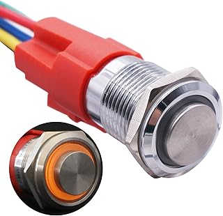 TWTADE 19mm IP65 Waterproof Latching Metal Push Button Switch 3/4'' 5A DC12V Stainless Steel Shell (Yellow) LED Ring Switch 1NO 1NC with Wire Socket Plug [5 Year Warranty]YJ-GQ19BH-L-Y