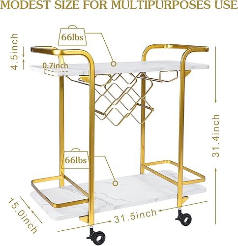 Miniatura 9 de Jubao Carrito de barra de oro de lujo, con soportes de vidrio y estantes para vino, moderno carrito de madera maciza mármol con ruedas silenciosas,