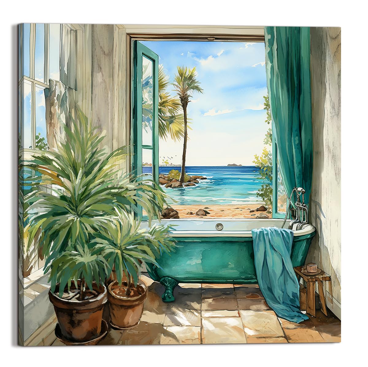 Bathroom Canvas Print Wall Art Decor Teal Bathtub Picture Sea ??View from The Window Artwork