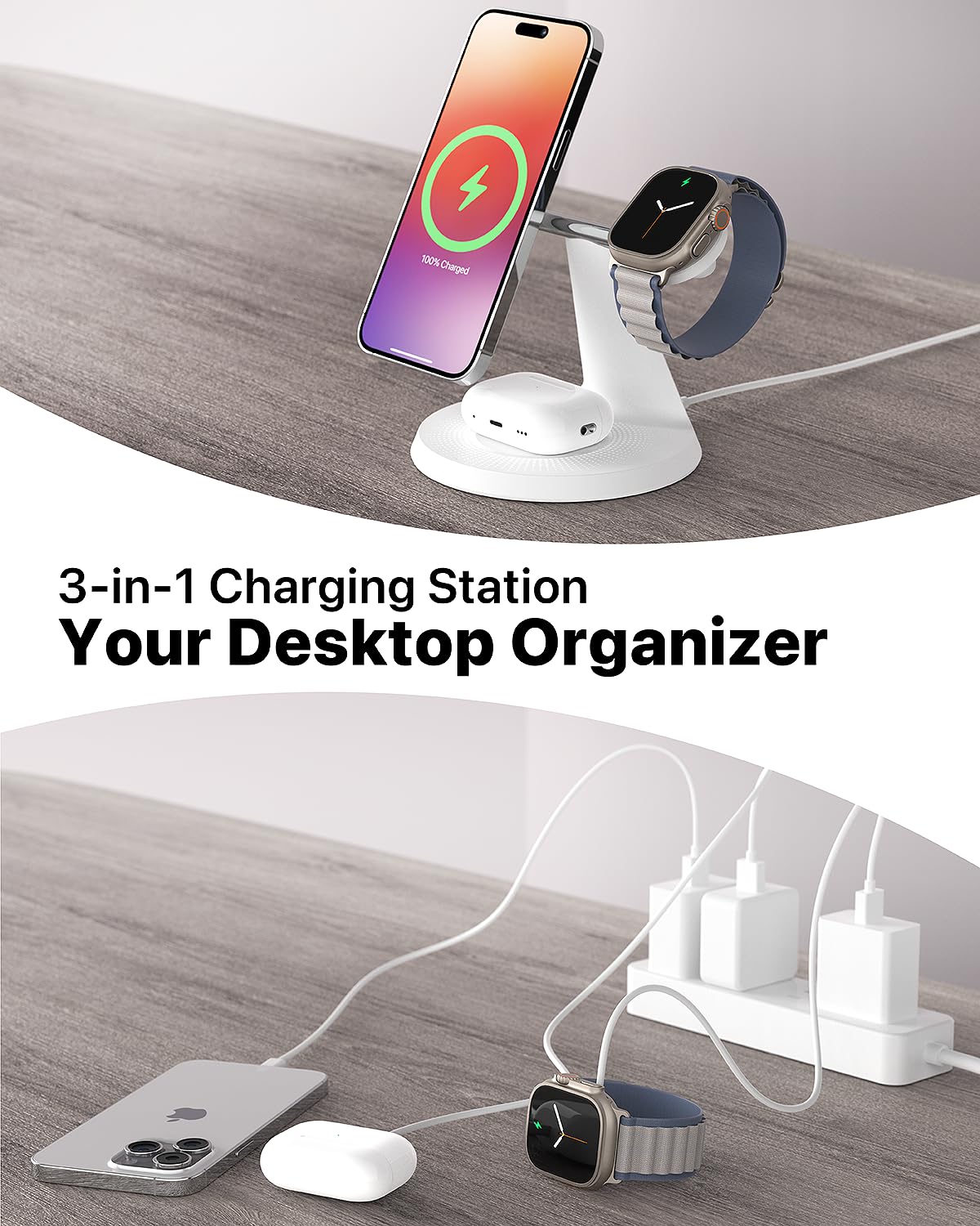 ZECHIN Station de charge sans fil 3 en 1 pour appareils Apple avec MagSafe | Chargement pour iPhone 17/Air/16/15/14/13, AirPods, Apple Watch, support de charge stable lesté, adaptateur USB-C inclus
