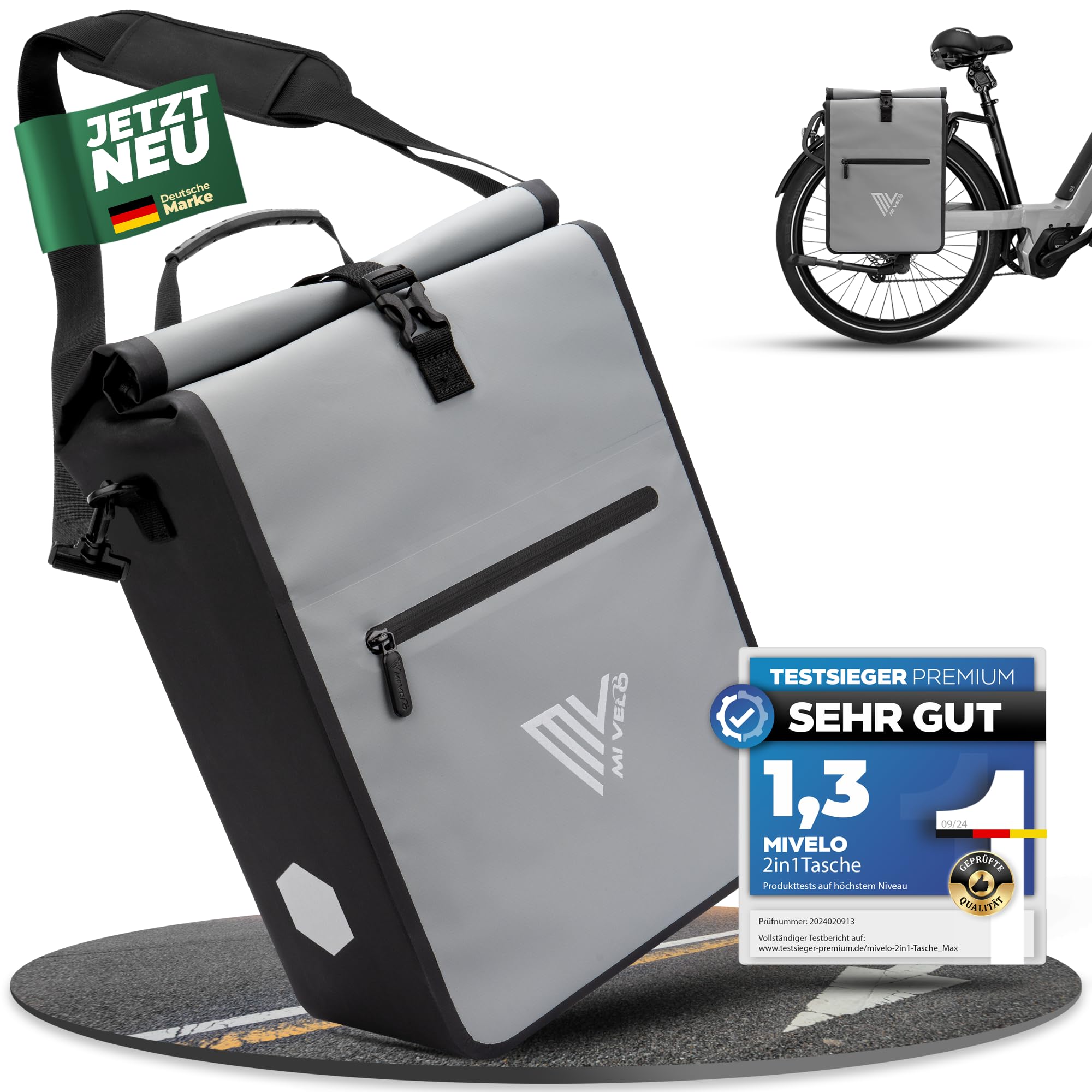 MIVELO 2in1 Fahrradtasche für Gepäckträger Gepäckträgertasche 100% wasserdicht Fahrrad Tasche für Gepäckträger (Grau, 25L) Sport & Freizeit