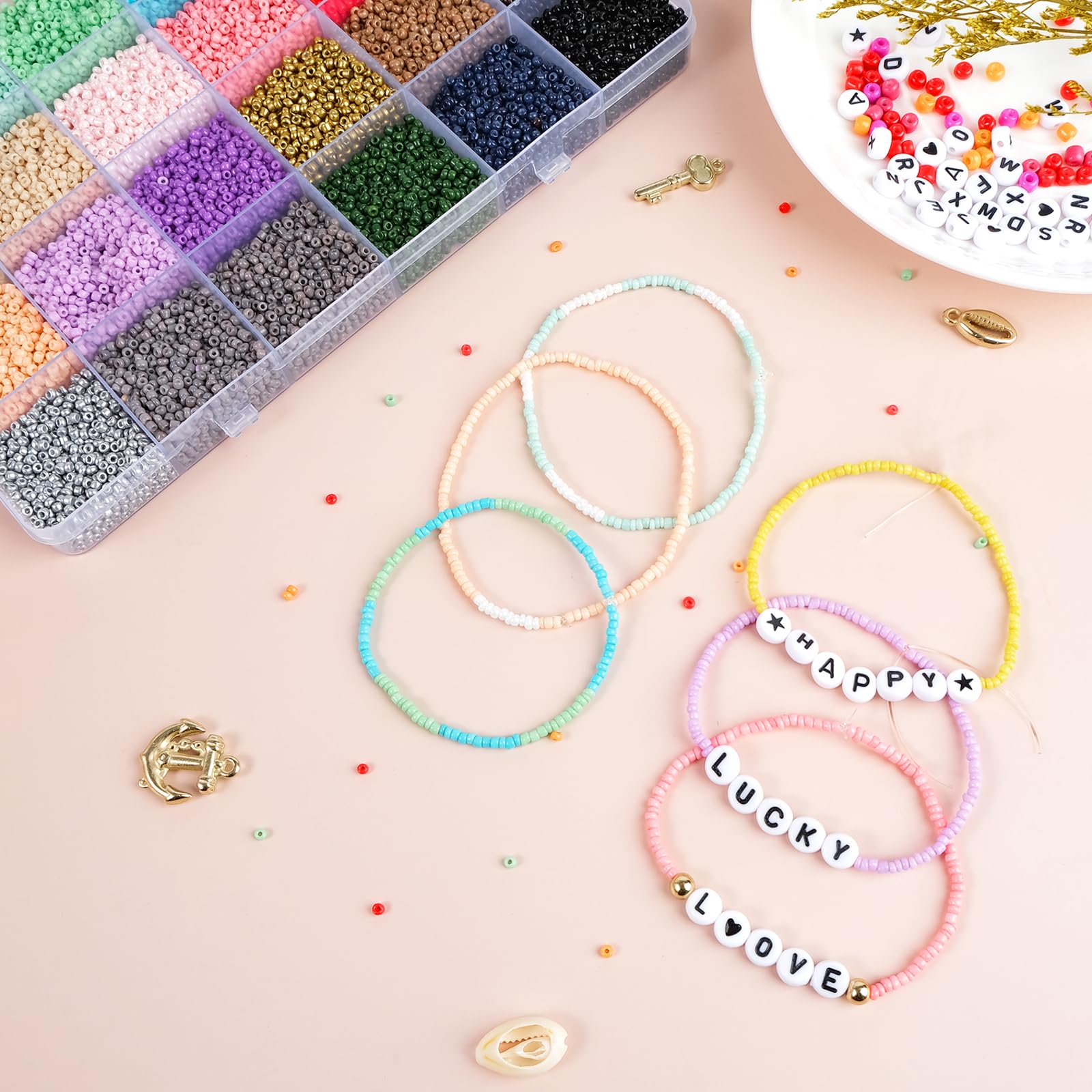 HOLDLEAF 2mm Cuentas para Pulseras，Cuentas para Hacer Pulseras, Abalorios para Hacer Pulseras con 300pcs Abalorios Letras，Kit para Hacer Pulseras para DIY Pulseras Collares Bisutería