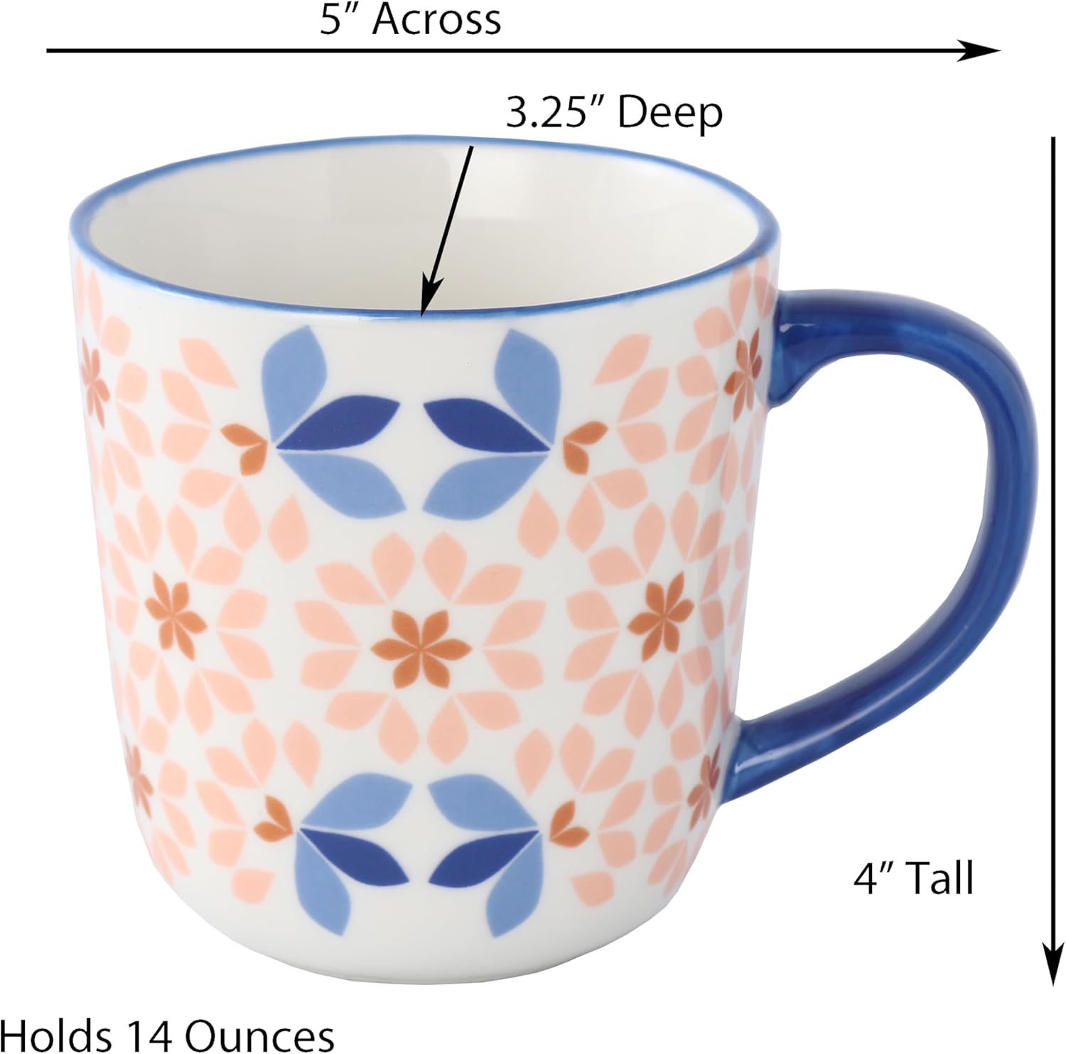 Floral Pattern Coffee Mugs, Bone China Tea Cups with Colored Handles, Set of 4