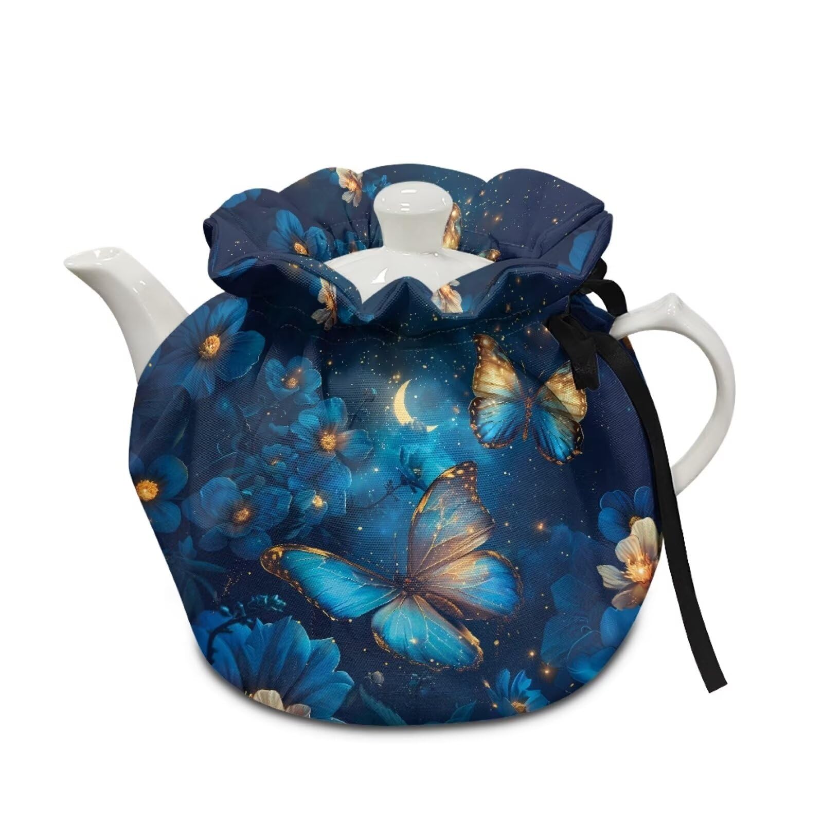 Generic Blue Butterfly Pattern Tea Cozy for Teapot Tea Kettle Decorative Cover Insulated Dust Bag Drawstring Tea Kettle Covers Teacup Covers Insulated Drop-Proof Shock-Proof Decoration