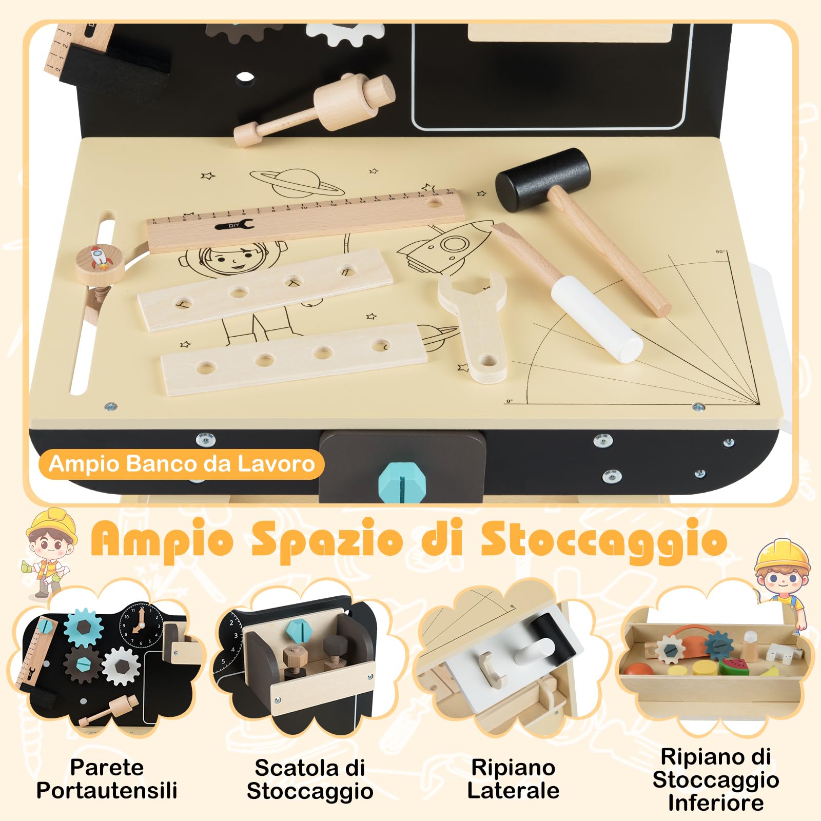 COSTWAY Banco da Lavoro in Legno per Bambini, Set Attrezzi Giocattolo con Martello, Cesello, Chiave Inglese, Ripiani e Ganci per Archivio, Tavolo da Lavoro Giocattolo Officina 3+ Anni