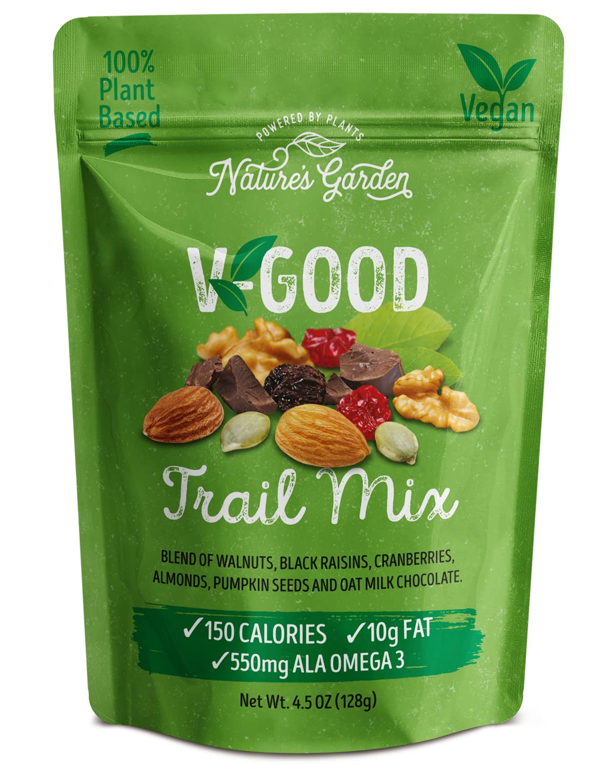Nature's Garden V-Good Trail Mix, 4.5 oz (Pack of 6), Omega-3 Vegan Snack Pack, Blend of Walnuts, Raisins, Cranberries, Almonds, Pumkin Seeds, Chocolate, Healthy Snacks for Adults, Mixed Nuts