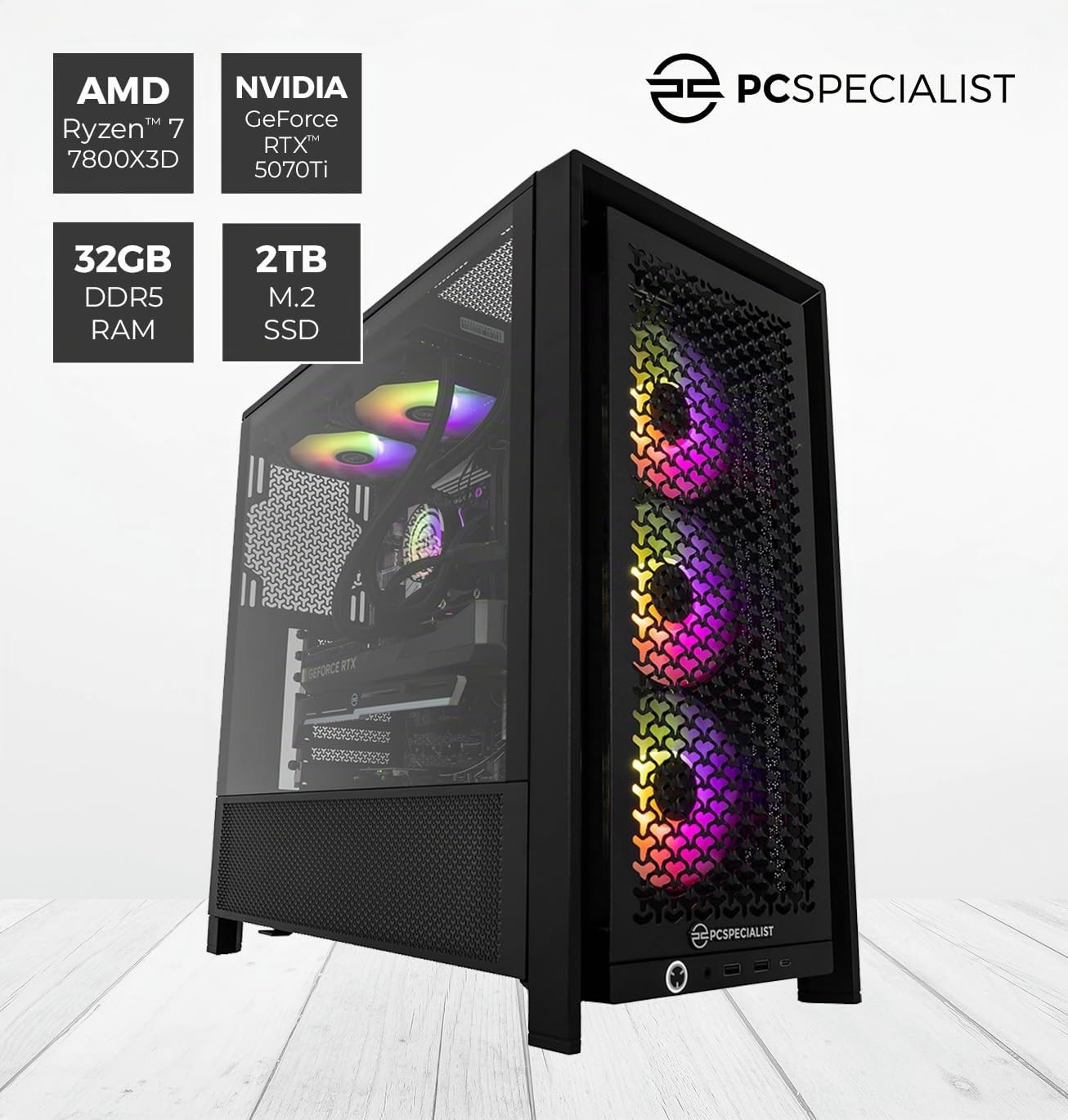 PCSpecialist Pro Gaming PC - AMD Ryzen 7 7800X3D 4,20 GHz 8-Core, 32 GB DDR5 RAM, 16 GB GEFORCE RTX 5070 Ti, 2TB M.2 SSD, Windows 11