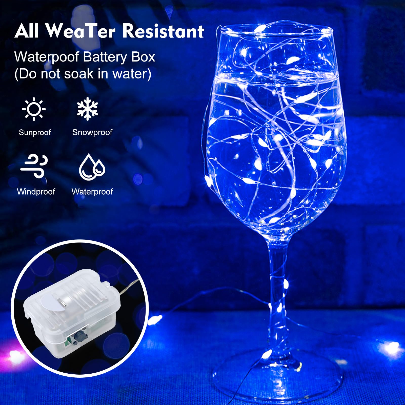 Confezione da 24 luci a batteria, 20 luci LED scintillanti da 2,1 m, 3 modalità, impermeabili, mini filo argentato per Natale, matrimoni, barattoli, centrotavola (24, blu)