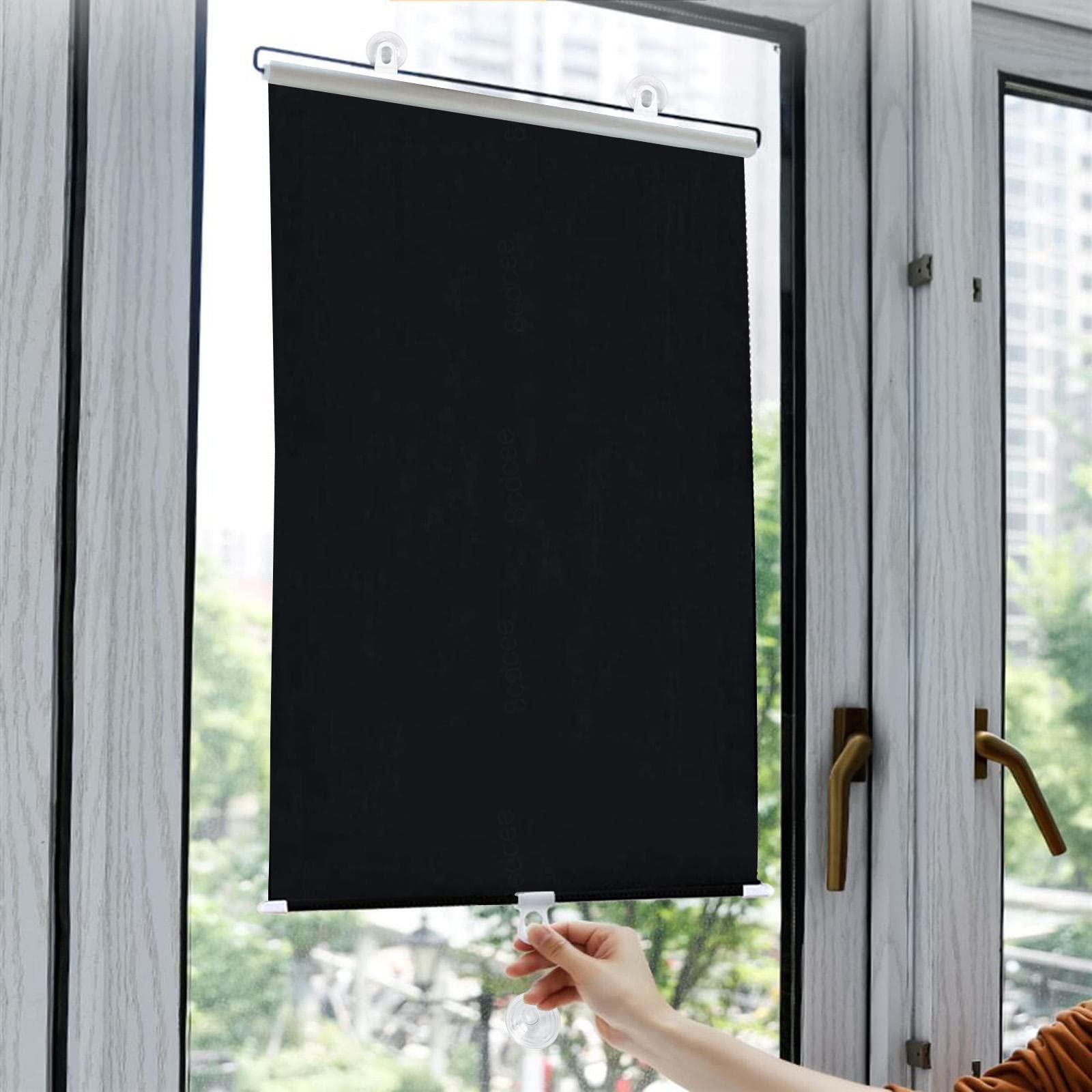 Blackout Roller Blinds Suction Cup Retractable Multicolor Multiple Sizes durability polyester fabric(Black,124W x 46H cm)
