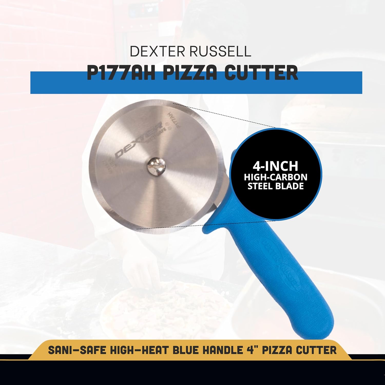 Dexter-Russell P177AH 4-Inch Pizza Cutter with High-Heat Blue Handle | DEXSTEEL® Stain-Free High Carbon Steel Blade | Commercial Grade, Dishwasher Safe