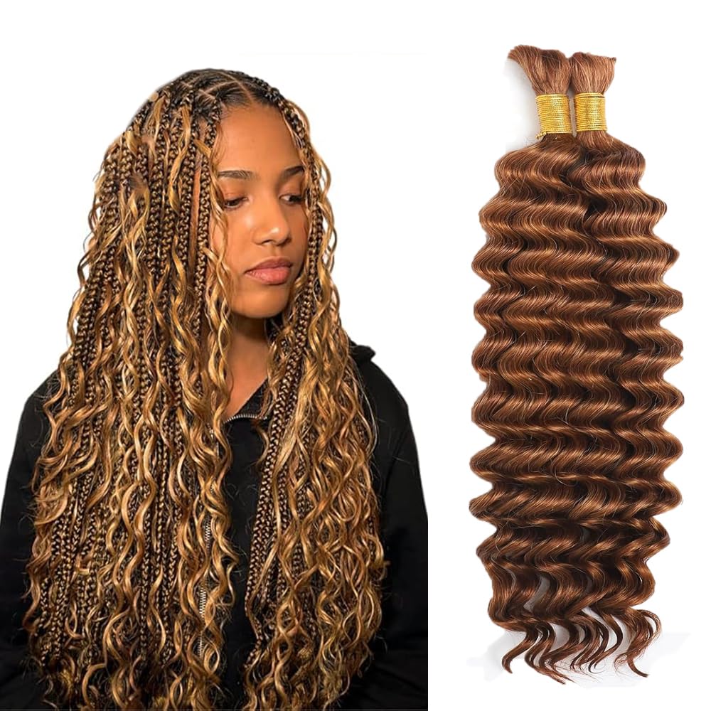 Tuheerst Human Hair Braiding 30 30 Inch #30 Light Brown Color Deep Wave Knotless No Weft Boho Braids Human Hair Extension 50g/Bundle Total 100g