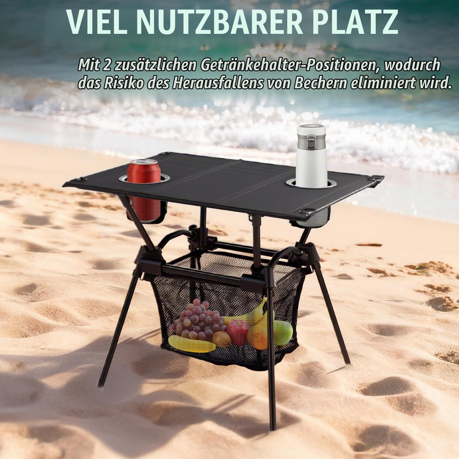 GARLLEN Campingtisch klappbar, 60x43x51cm Camping Tisch Klapptisch mit Getränkehalter, Netztasche & Tragetasche, Ultraleicht Gartentisch Picknicktisch Kleiner Tisch Outdoor für Strand Angeln Wandern