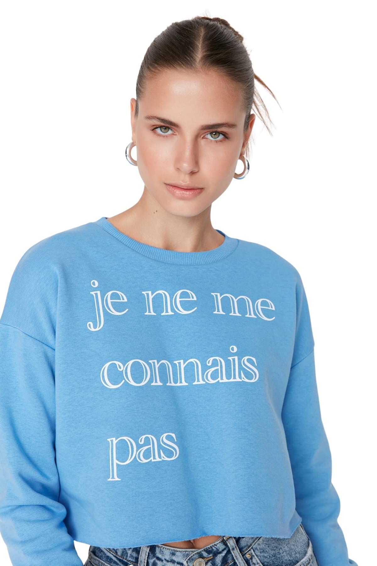 Trendyol Women Regular Basic Crew neck Knit Sweatshirt Blue