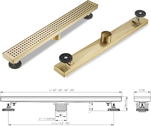 Miniatura 6 de BAUNVB Drenaje lineal de ducha rectangular de 24 pulgadas, drenaje de ducha dorado cepillado, drenaje lineal de piso de acero inoxidable SUS-304,