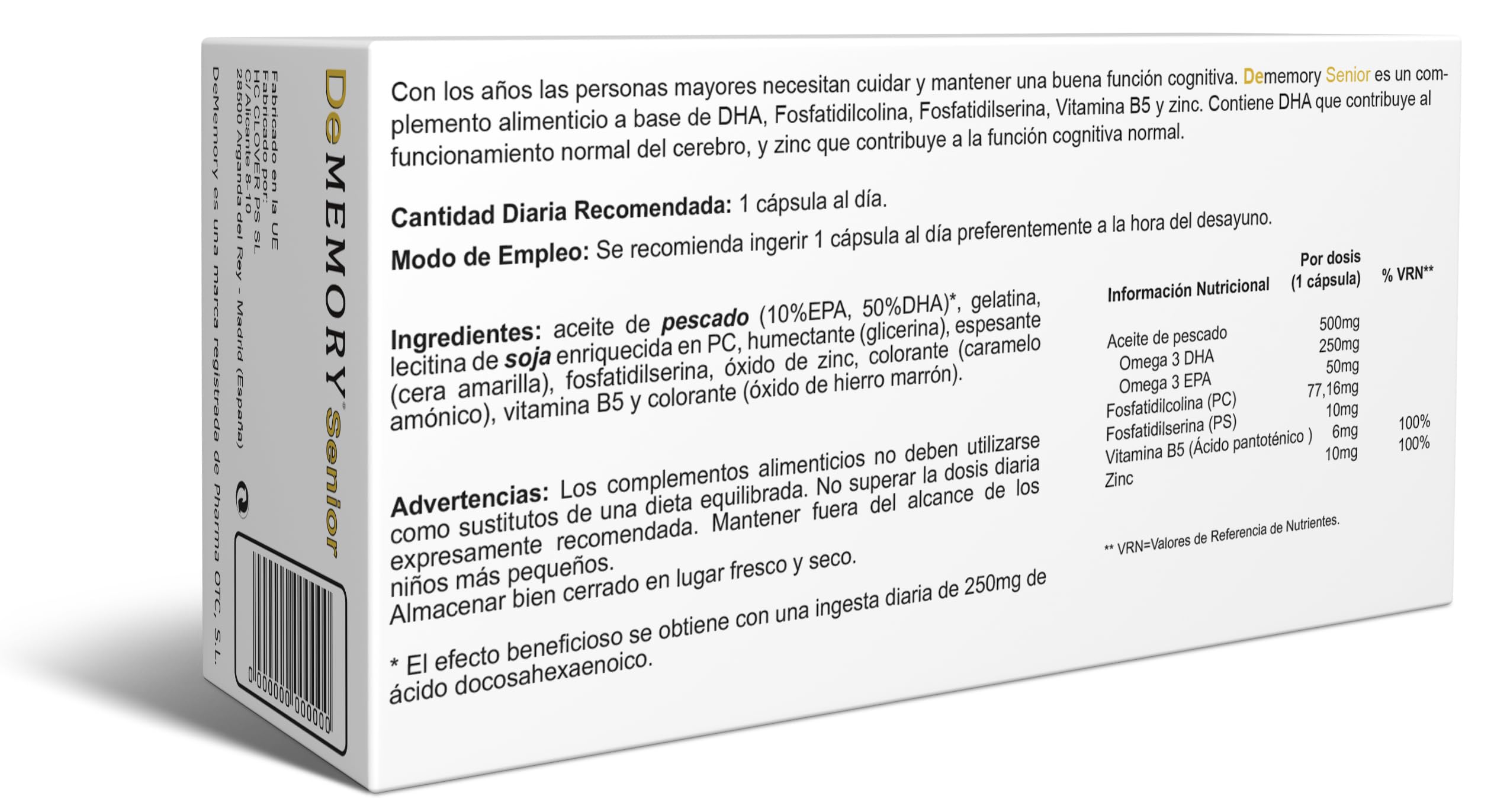 DeMemory Senior 60 Cápsulas - Pack de 2 Unidades - Tratamiento para 4 meses - Contribuye al Funcionamiento Normal del Cerebro en Personas Mayores - con DHA, Fosfolípidos, Vitamina B5 y Zinc