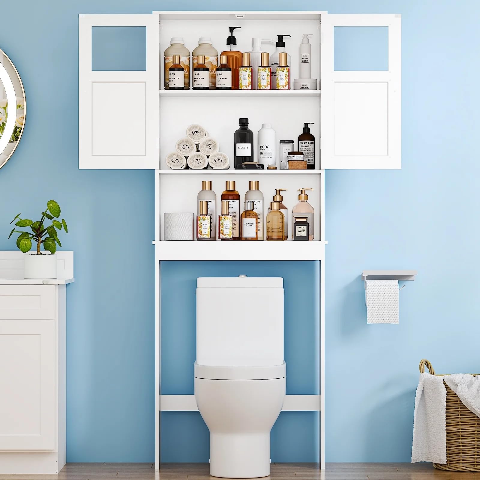 LEADZM Meuble de WC avec étagère réglable et Placard à 2 Portes Verre | Blanc