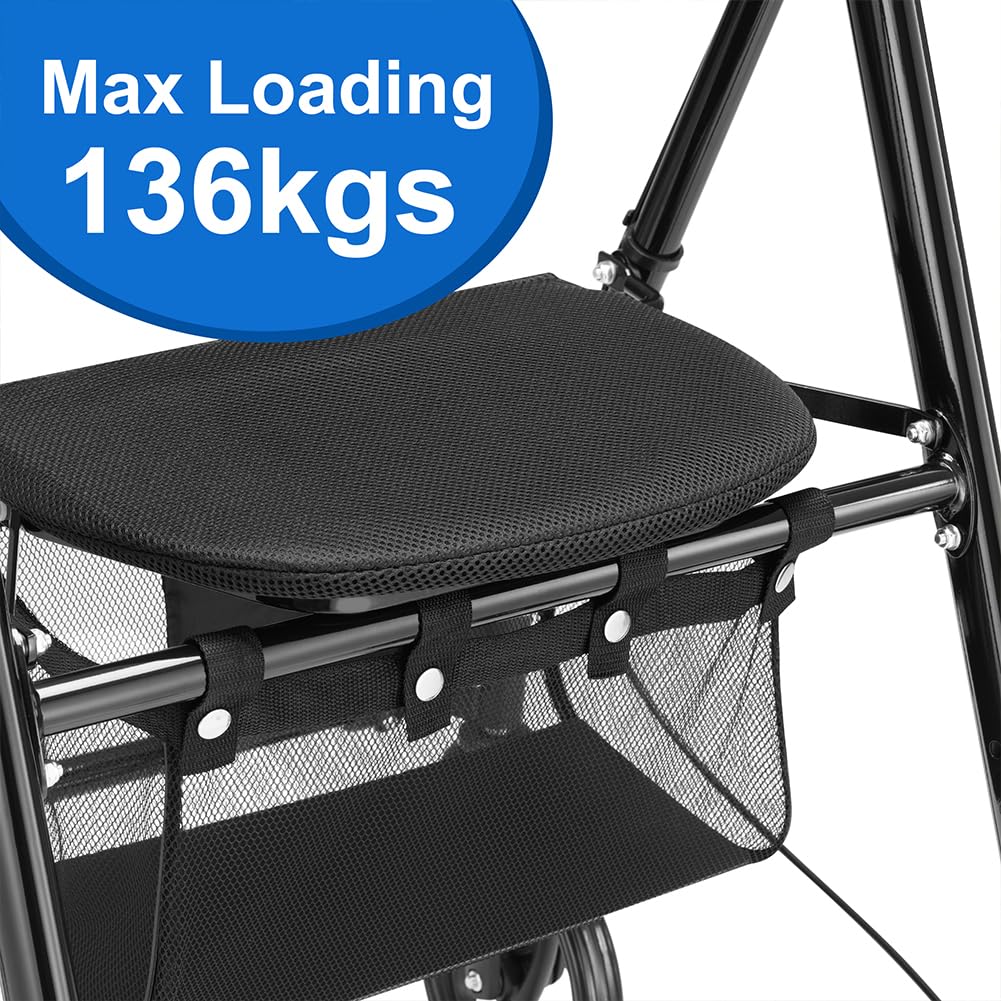 BAKAJI Andador plegable y ahorra espacio con asiento y bolsa de red portaobjetos, Walker Rollator con soporte para paraguas, ideal para personas mayores, discapacitados y personas con movilidad