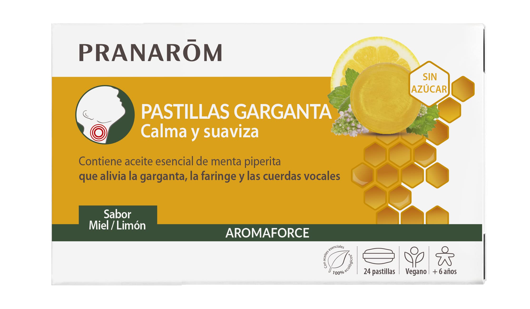 PRANAROM Aromaforce Pastillas Para La Garganta Miel Limón Calma y Suaviza la Garganta para Niños a partir de 6 Años 24 P