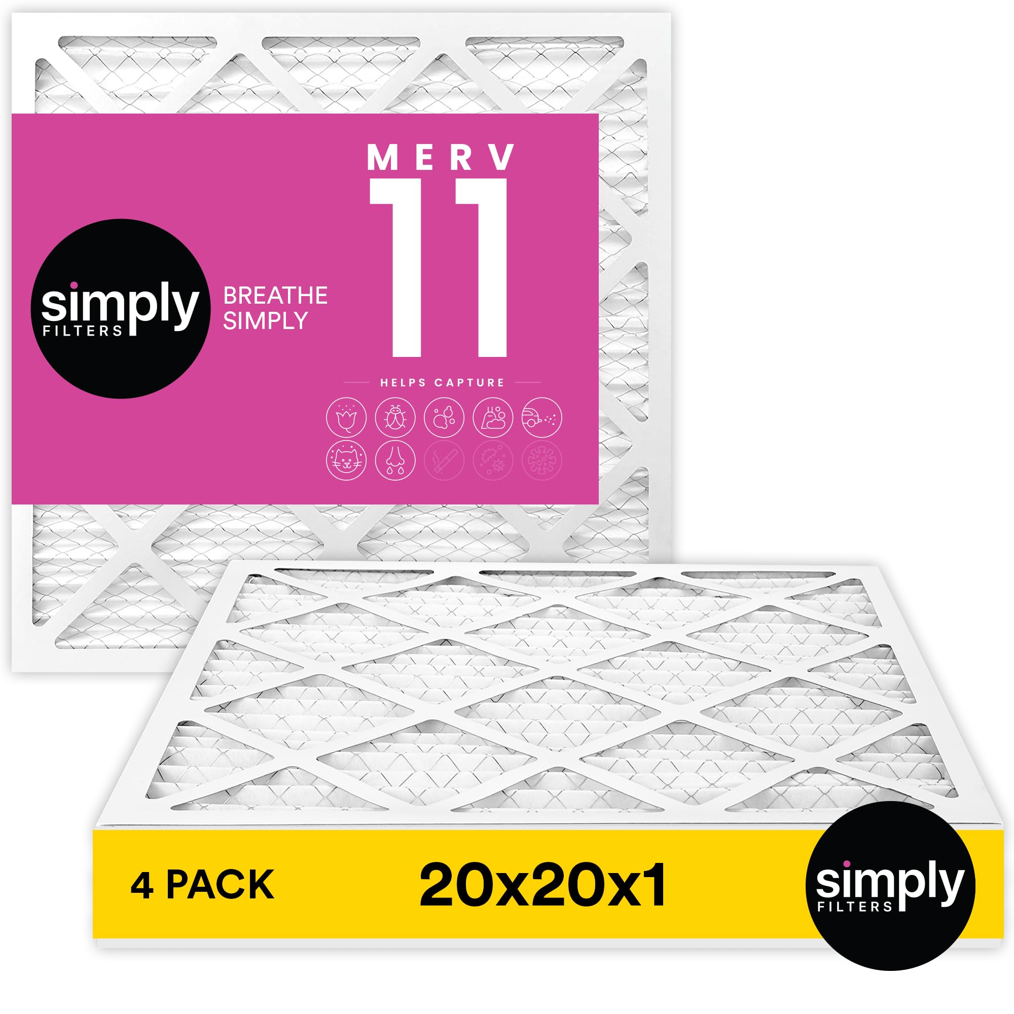 Simply 20x20x1 Air Filter, Merv 11, 4 Pack, For Home AC Furnace & HVAC (Actual Size: 19.75"x19.75"x0.75") DUST, Pet, & Allergy Control