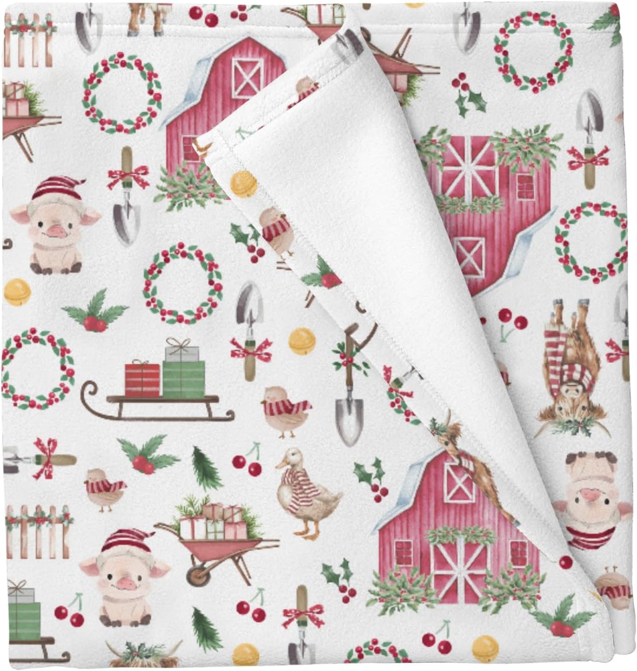 Pink Christmas Farm Animals Santa Baby Blankets for Boys Girls Farmhouse Chicken Pig Duck Highland Cow Barn Infant Toddler Blankets Winter Festive Holiday Newborn Receiving Blankets 30x40in