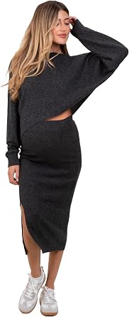 PinkBlush Charcoal Ribbed Knit Asymmetric Top Midi Skirt Maternity Set