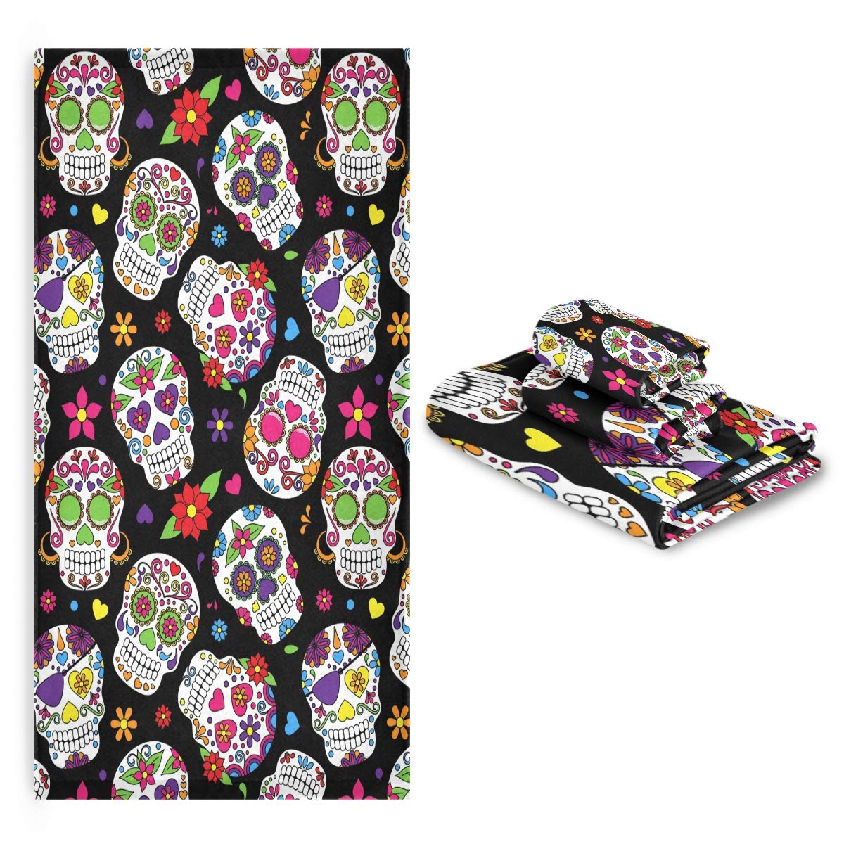 Vdsrup Sugar Skull Skeleton Bathroom Towels Set of 3 Day of The Dead Halloween Bath Hand Towel Soft Washcloth Beach Face Guest Towel Kitchen Tea Dish Towels Housewarming Gifts