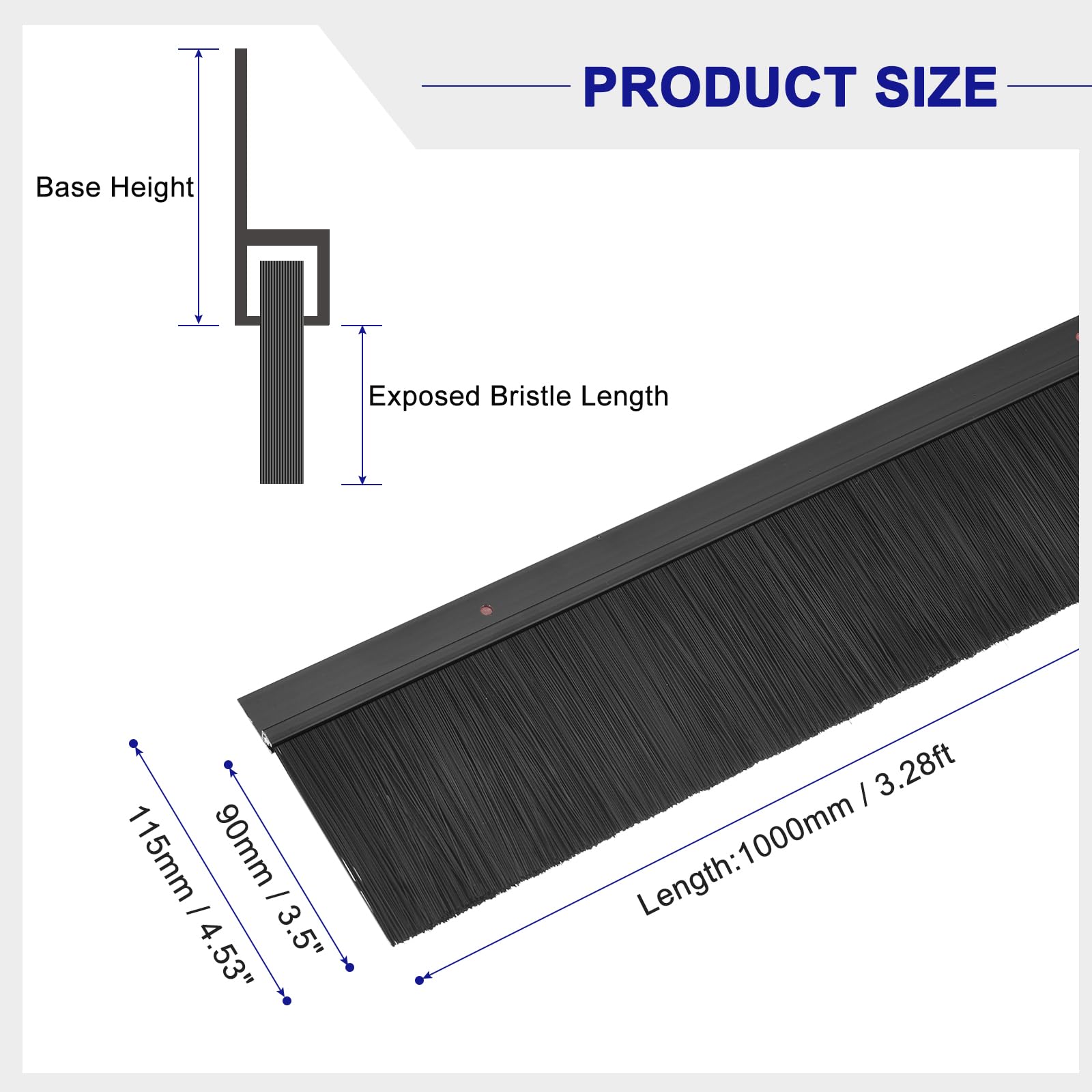 sourcing map 2 piezas de escobas para puerta de base en H de aleación de aluminio con cepillo de nylon de 90 mm para el hogar, industrial (1000 mm de largo x 115 mm de ancho, negro)