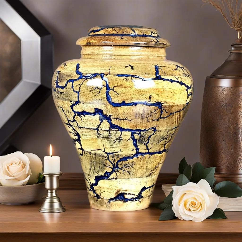 Prim Art Cremation Urn Wooden Urns for Human Ashes Adult Burial-Cremation Funeral Urns for Pet Ashes Memorial Urns Wooden Urn Box for Ashes (Blue, Medium 120Cu/Inches)