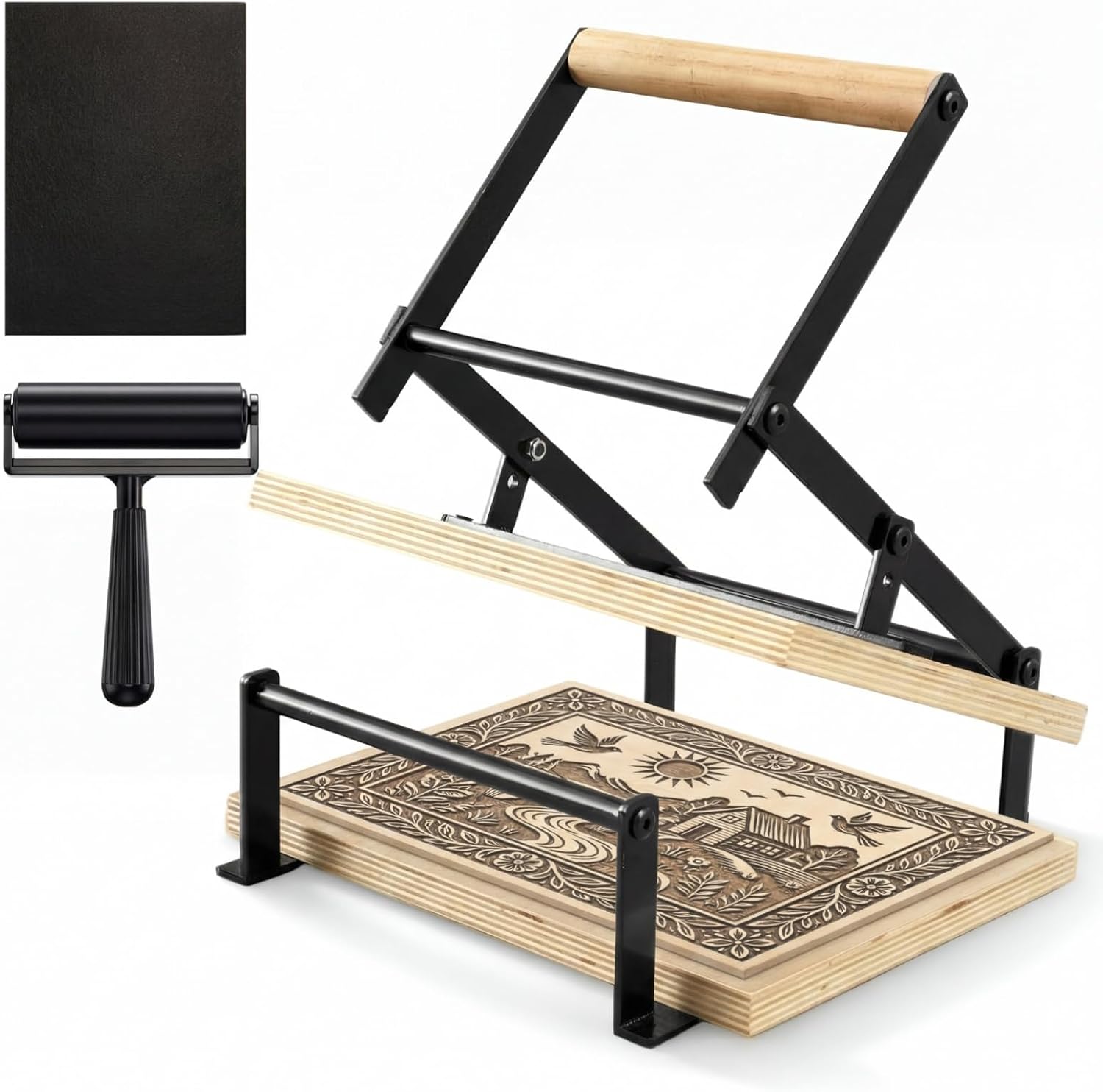 A4 Black Printing Linocut Hand Lever Press Machine with Rollers and Felt Pads for Lino Cuts, Cutting Printing, Linoleum Blocks Printmaking Tools Kit for Students, Beginners and Kids Crafts