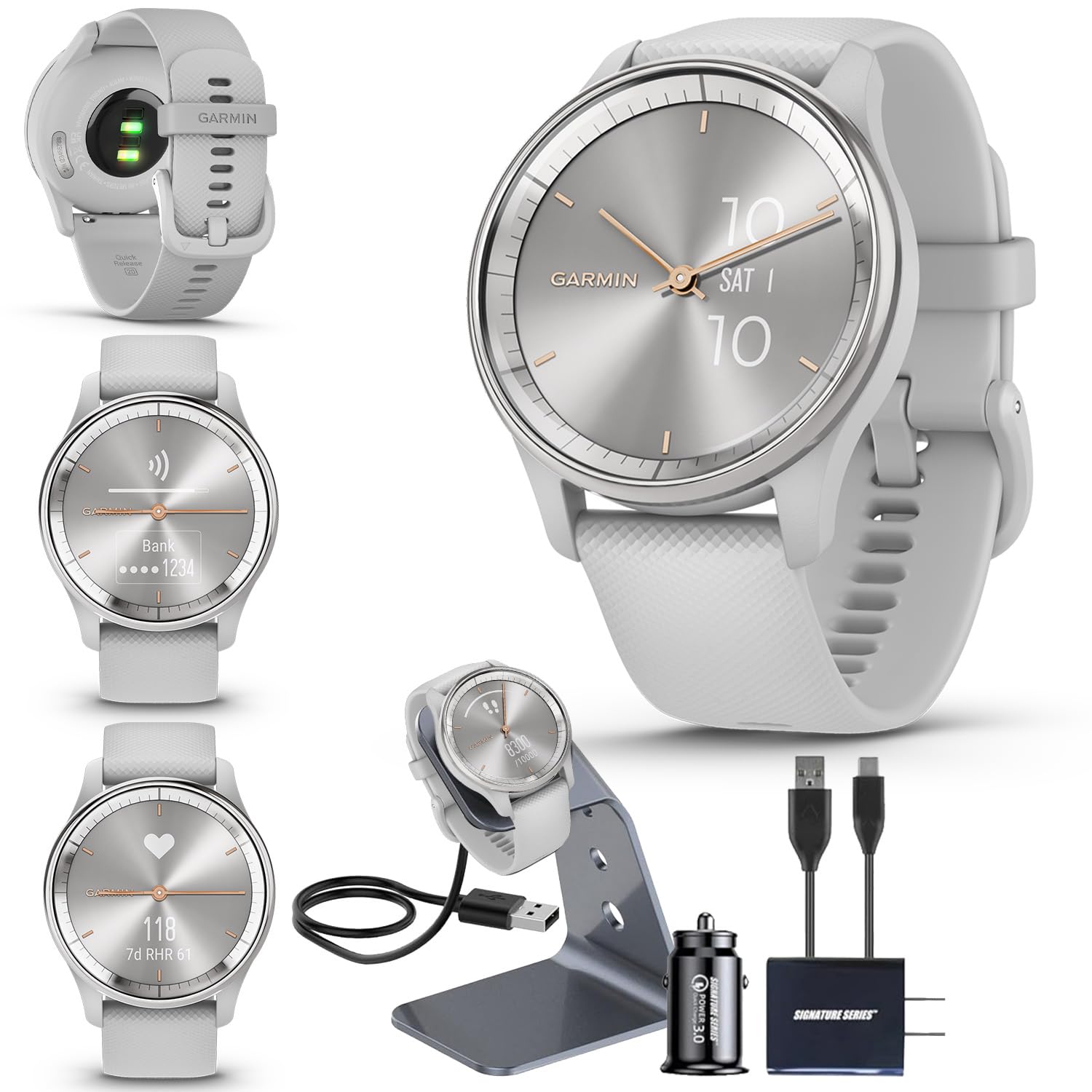 Garmin vivomove Trend Stylish Hybrid Smartwatch (Peach Gold) | Hidden Touchscreen, Analog Hands, Health Monitoring, Sleep Tracking, Phone GPS Compatible | with Signature Series Charger Bundle