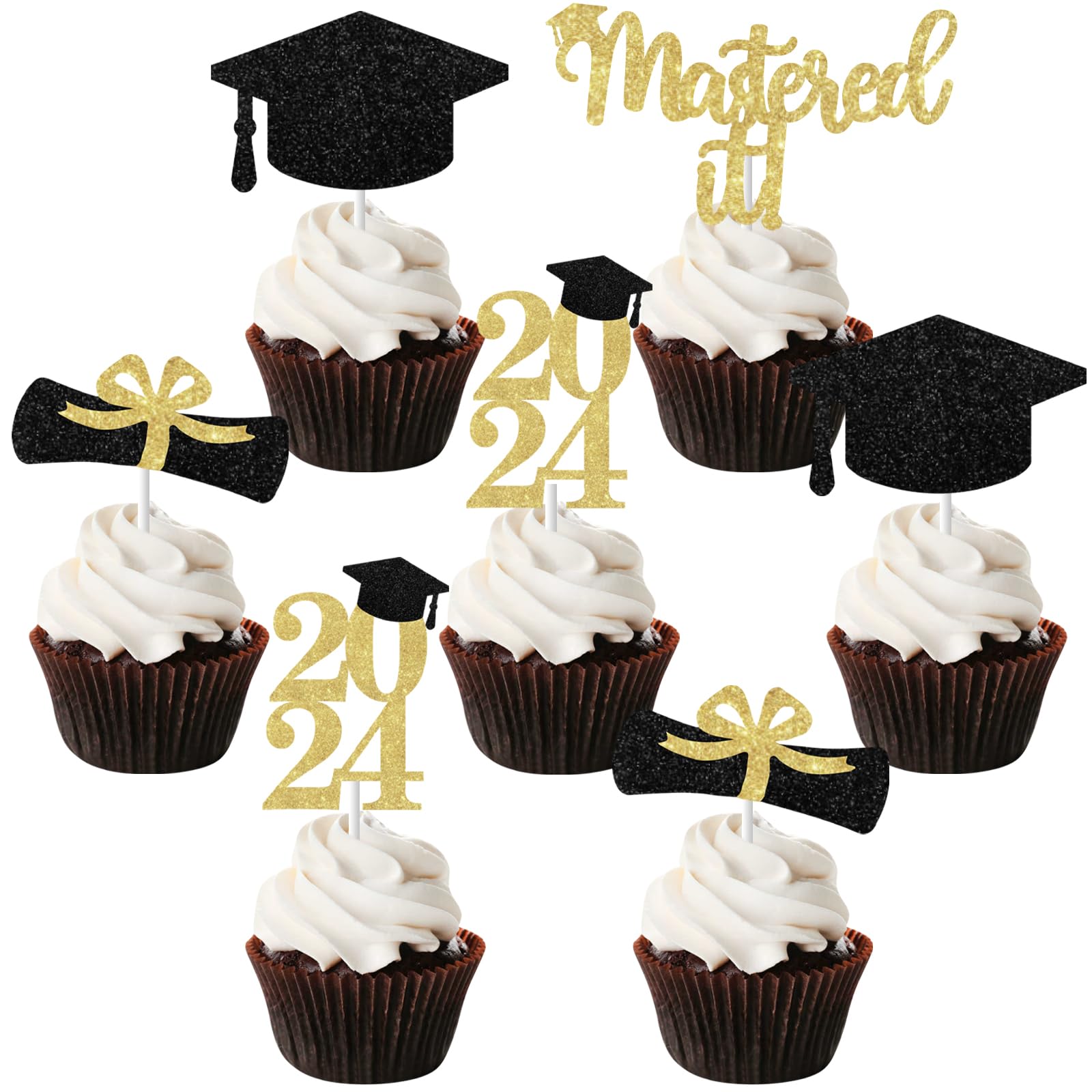 Masters Graduation Decorations 2024, 36 Pcs Mastered It Cupcake Toppers, Containing Bachelor Cap, Diploma, Mastered It, 2024 Cupcake Toppers for Class Of 2024 Congrats Grad Decorations