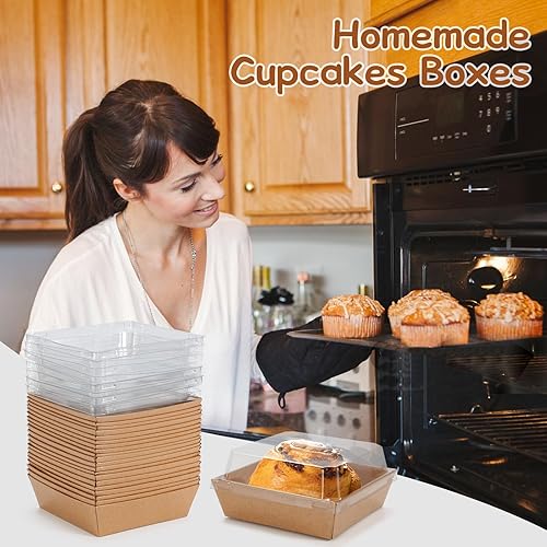 Miniatura 5 de Cinccoke Mini cajas de charcutería con tapas transparentes, 4.5 x 4.5 pulgadas, paquete de 20 cajas de postre marrones, cajas cuadradas desechables