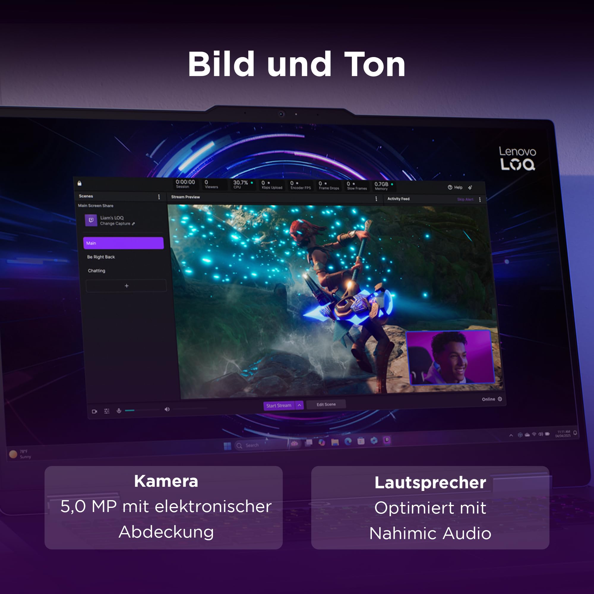 Lenovo LOQ Gaming AI Laptop | 17.3" Full HD 165Hz | NVIDIA GeForce RTX 5070 | Intel Core i7-14700HX | 16GB RAM | 512GB SSD | Ohne Windows | QWERTZ | 24-Zonen-RGB-Tastatur | Grau | 3 Monate Game Pass