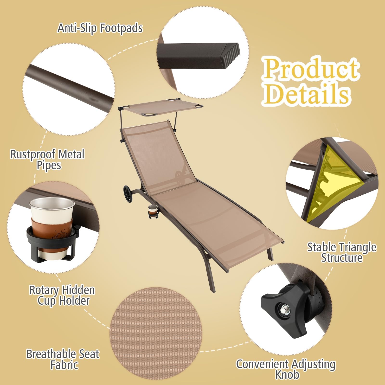 KOMFOTTEU Lettino Prendisole con Schienale Regolabile, Letto Sdraio da Spiaggia Robusto, Lettino da Giardino in Tessuto Traspirante, Portata fino a 150 kg, per Spiaggia & Giardino & Patio, Nero