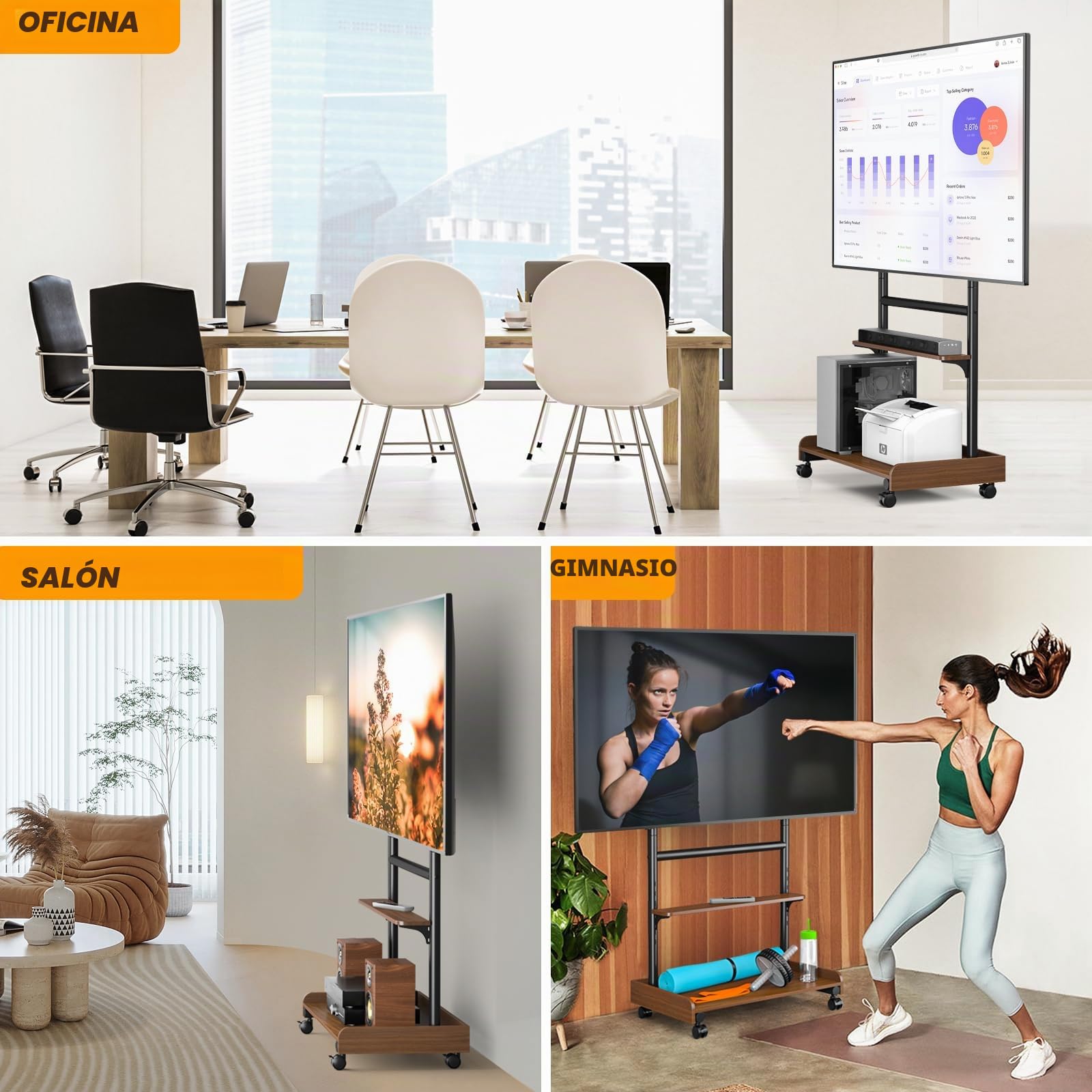 TVON Soporte de TV con Ruedas para 40-86 Pulgadas hasta 68 KG Nogal | Soporte TV Suelo base madera, Soporte TV Pie Altura Ajustable, Amplio almacenamiento, montaje fácil, máx. VESA 600 x 400 mm
