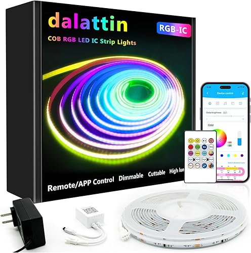 Miniatura 1 de dalattin Tira de luces LED LED COB Smart RGB, 576 LEDsm direccionables de alta densidad flexible con control remoto y aplicación, luces LED de 16.4