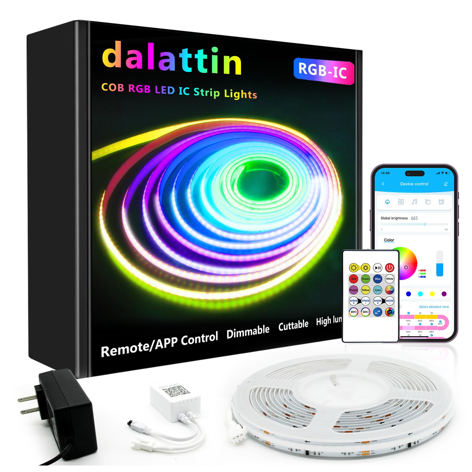 dalattin Smart RGB COB LED IC Strip Lights, 576 LEDs/m Addressable High Density Flexible with Remote &amp; App Control, 16.4ft LED Lights for Living Room, Bedroom, Kitchen Lighting