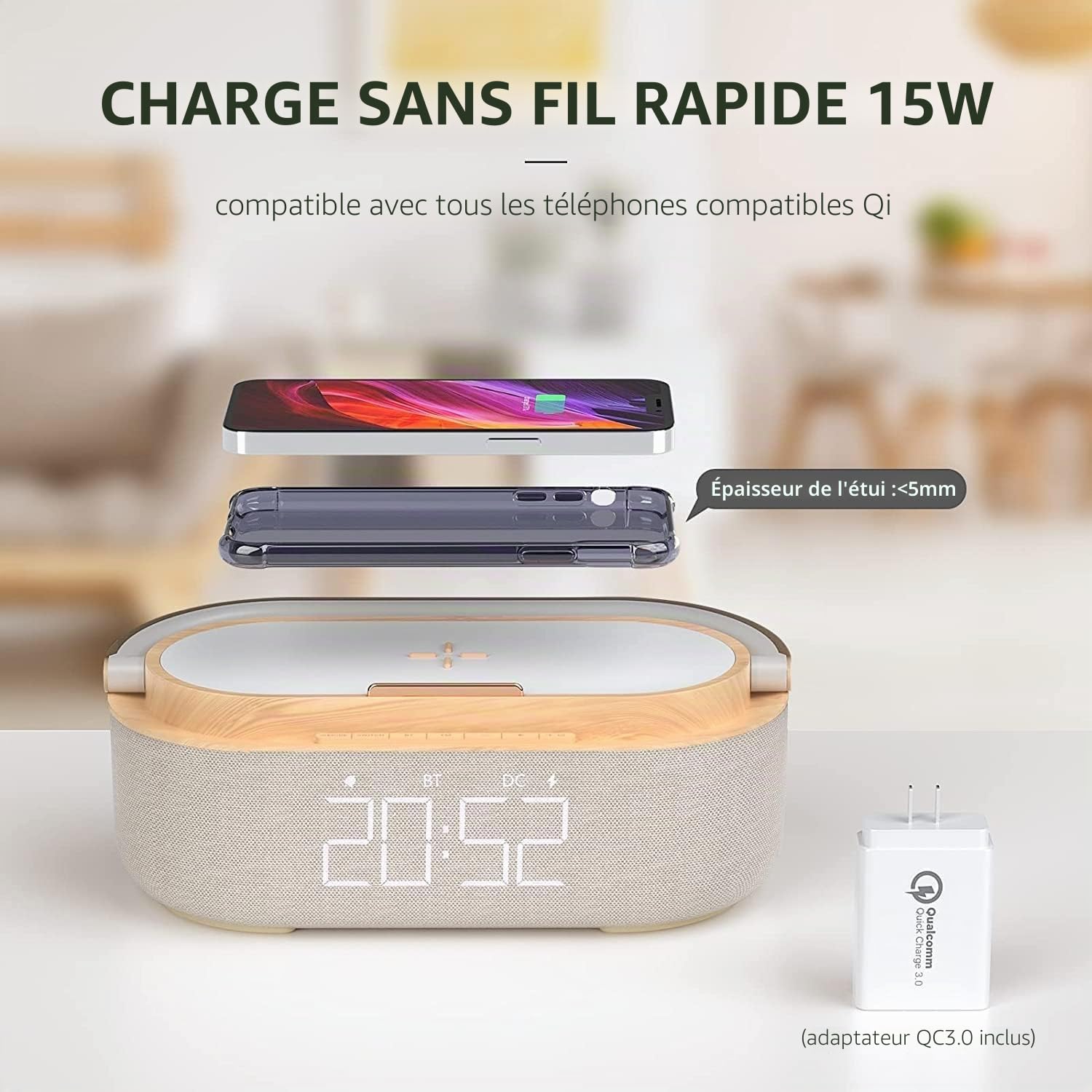 COLSUR Réveil Matin Digital Radio FM avec Chargement sans Fil, Multifonctionnel avec Port de Chargement USB, Enceinte Bluetooth, Affichage LED, Lampe avec Support de Téléphone Portable Image du produit 5