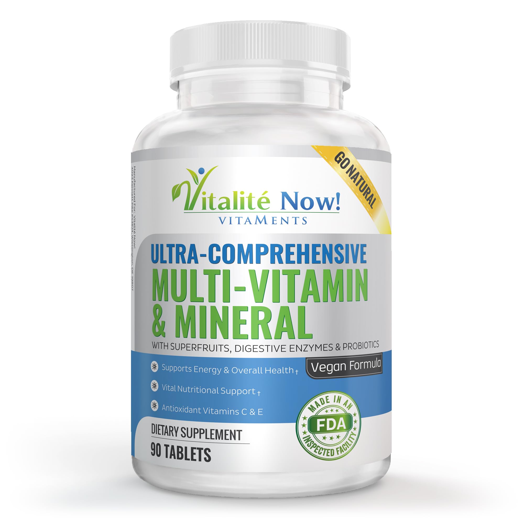 Vegan Whole Food Multivitamin & Mineral - Vitamins A B1 B2 B6 B12 C D3 E & 110 Super Foods, Herbs, Greens & Reds - Enzymes & Probiotics for Immune Support - Energy Boost - 90 Tablets