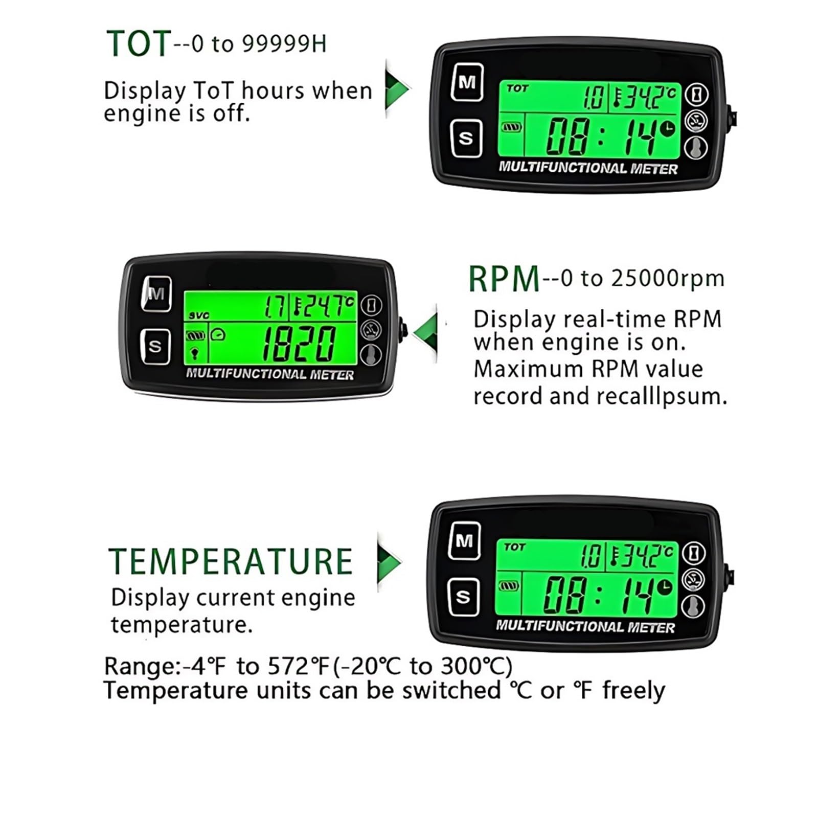 Tacómetro Digital con Indicador Temperatura TS001-PT100 RPM Motocicletas Gasolina, Buggies Marinos, Tractores Quitanieves, Motos Agua, Paramotores Velocímetro Tacómetro