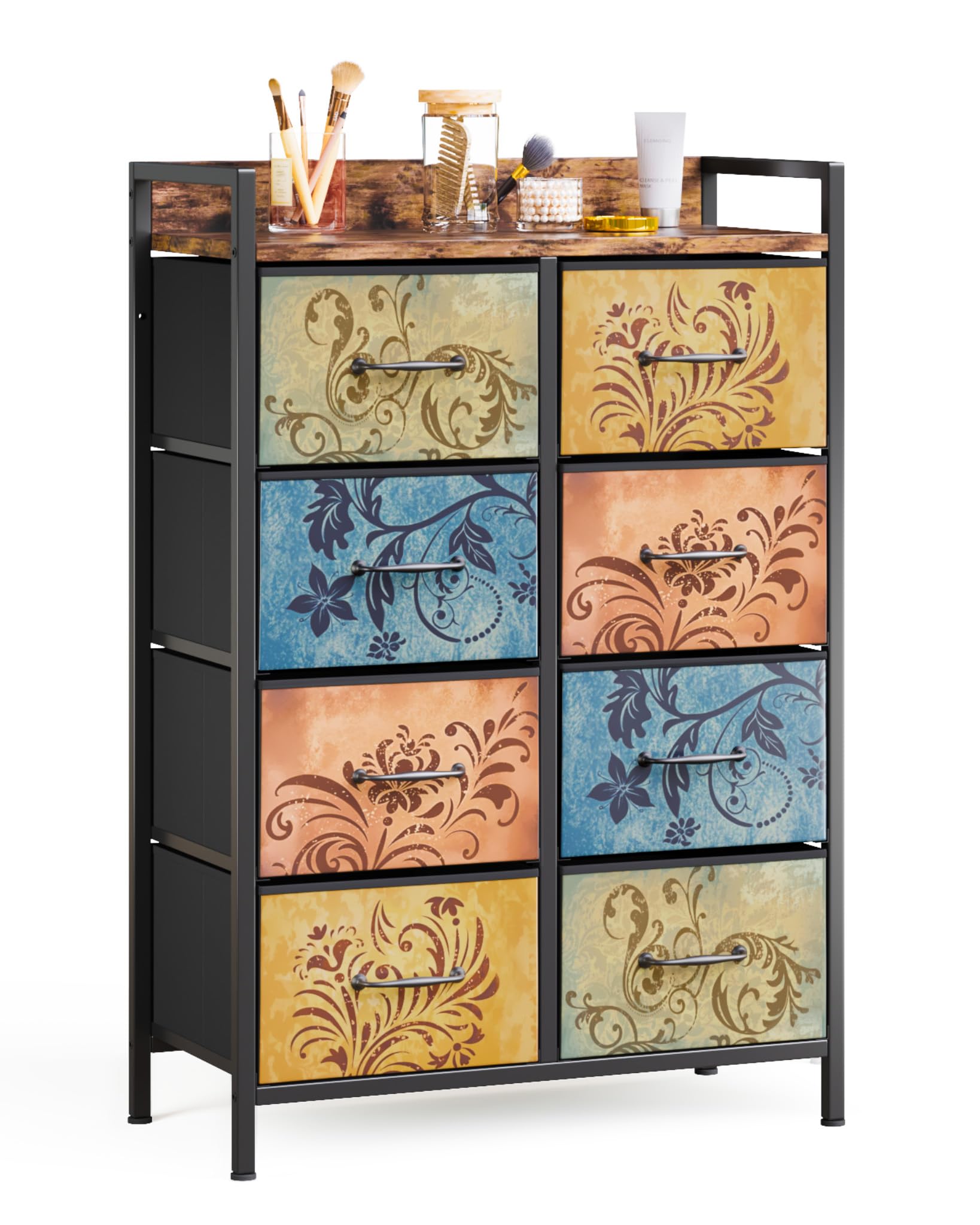 Mondeer Chest of Drawers, 8 Fabric Drawers Dresser Cabinet with Retro Floral Prints and Vintage Handle, for Bedroom Living Room Entryway, Rustic Brown