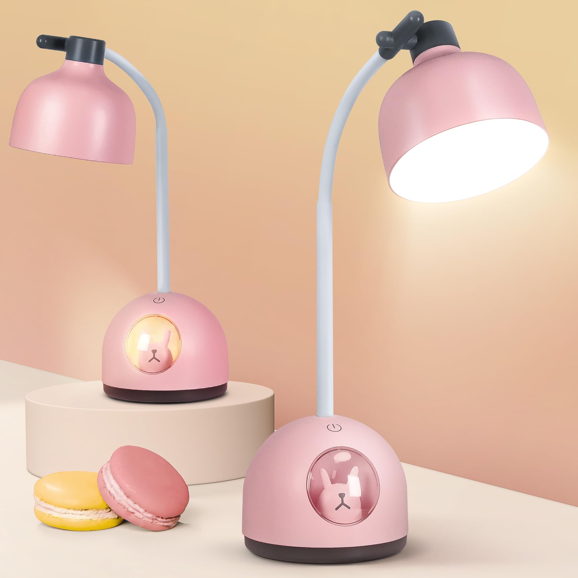 FemKey Lámpara de Escritorio Niño, Flexo Led Escritorio Niño con 4 Modos, Lampara de Mesa Recargable, Luz Estudio con Control Táctil, Lampara Lectura para Niños, Lampara Noche Niña, Rosa Conejo