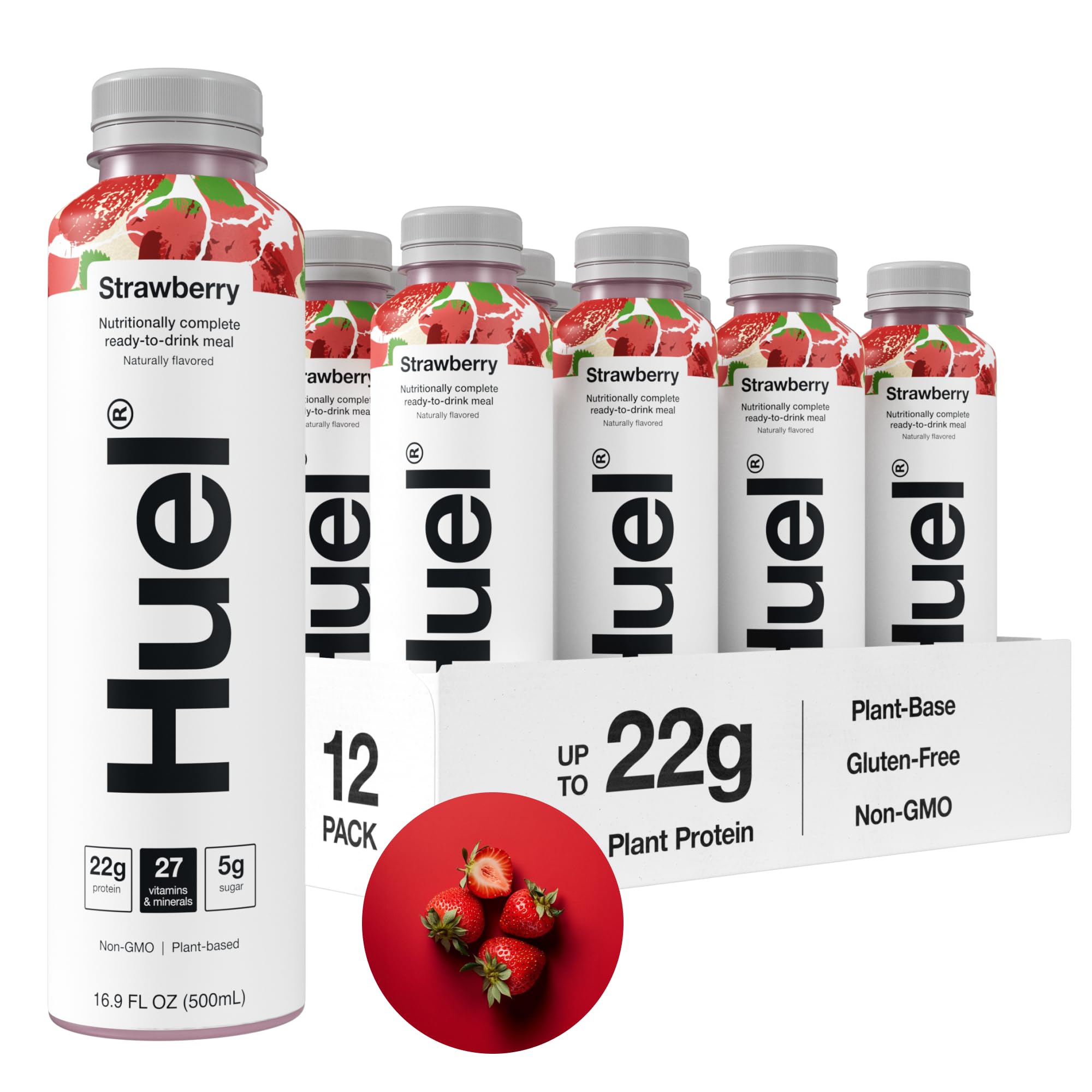 Huel Ready-to-Drink | Strawberry Shortcake Meal Replacement Drink | High Protein Drink | Nutritionally Complete, Low Sugar, High Fiber, Plant Based, Vegan, Healthy | 22g Protein Per Bottle, 16.9 Fl Oz (12 Pack)