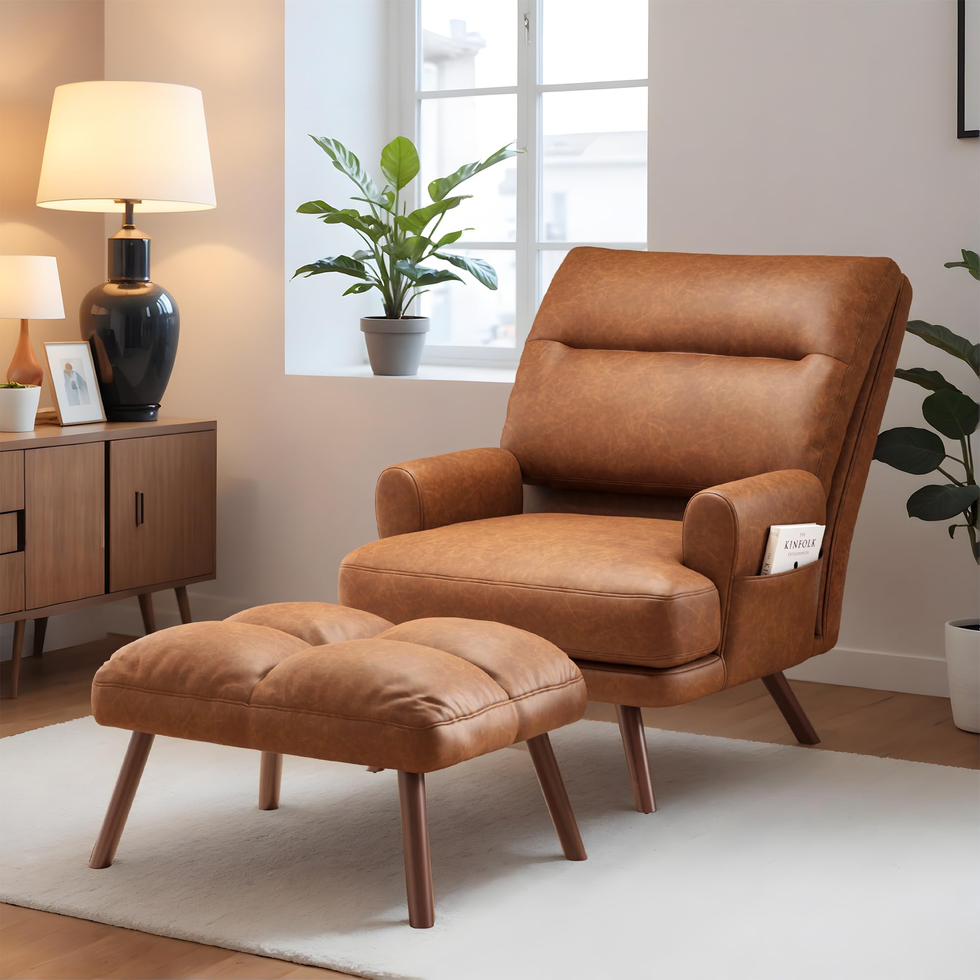 ovios Reclining Chair with Ottoman, Accent Reading Chair with Footrest and Side Pocket, Modern Lounge Recliner for Indoor Living Room Bedroom, Faux Leather, Brown