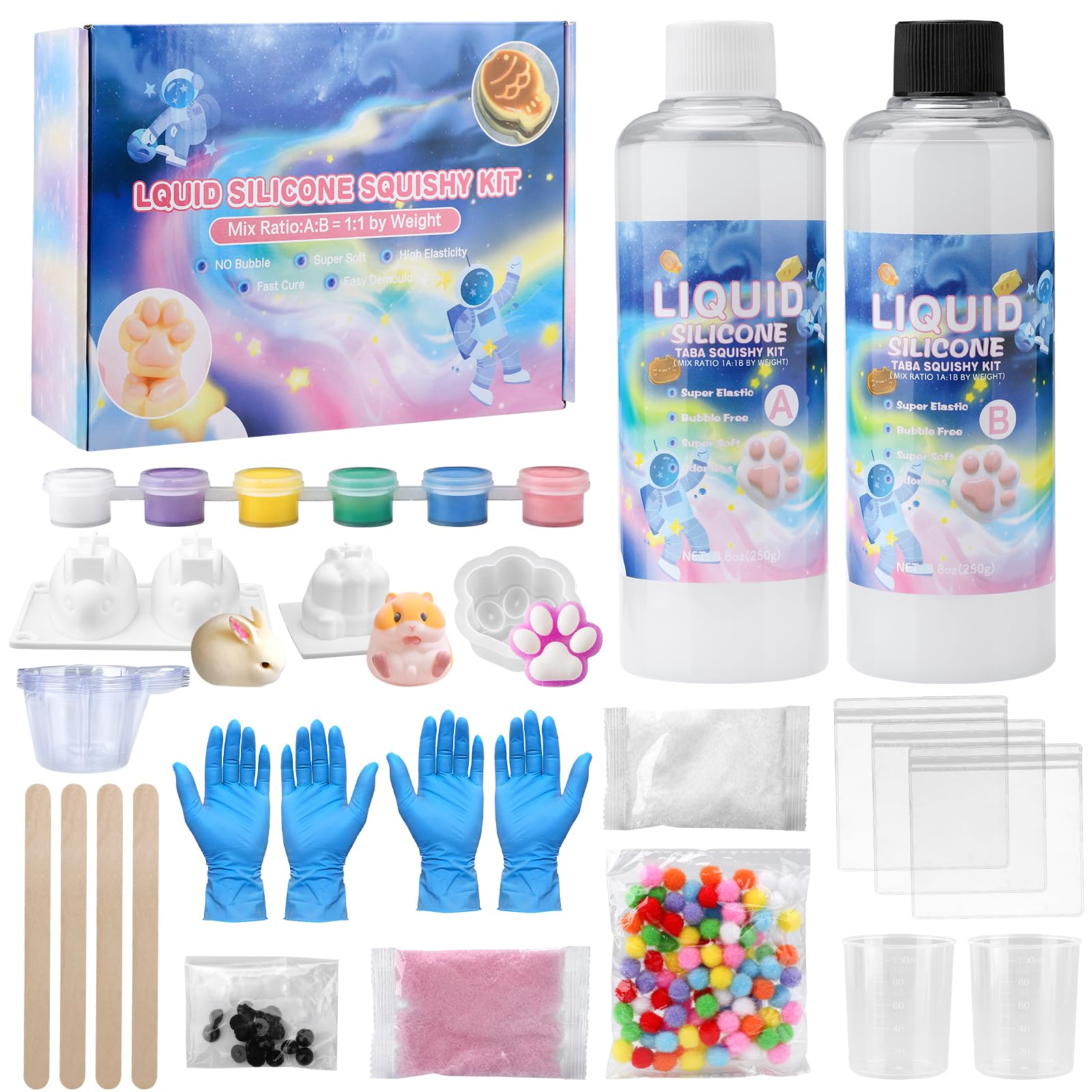 Kit de bricolage Taba Squishy en silicone liquide, 500g - Rapport 1:1 - Silicone extrêmement doux, kit de bricolage DIY pour la gestion du stress, pour les amoureux des chats et les fans de hamsters