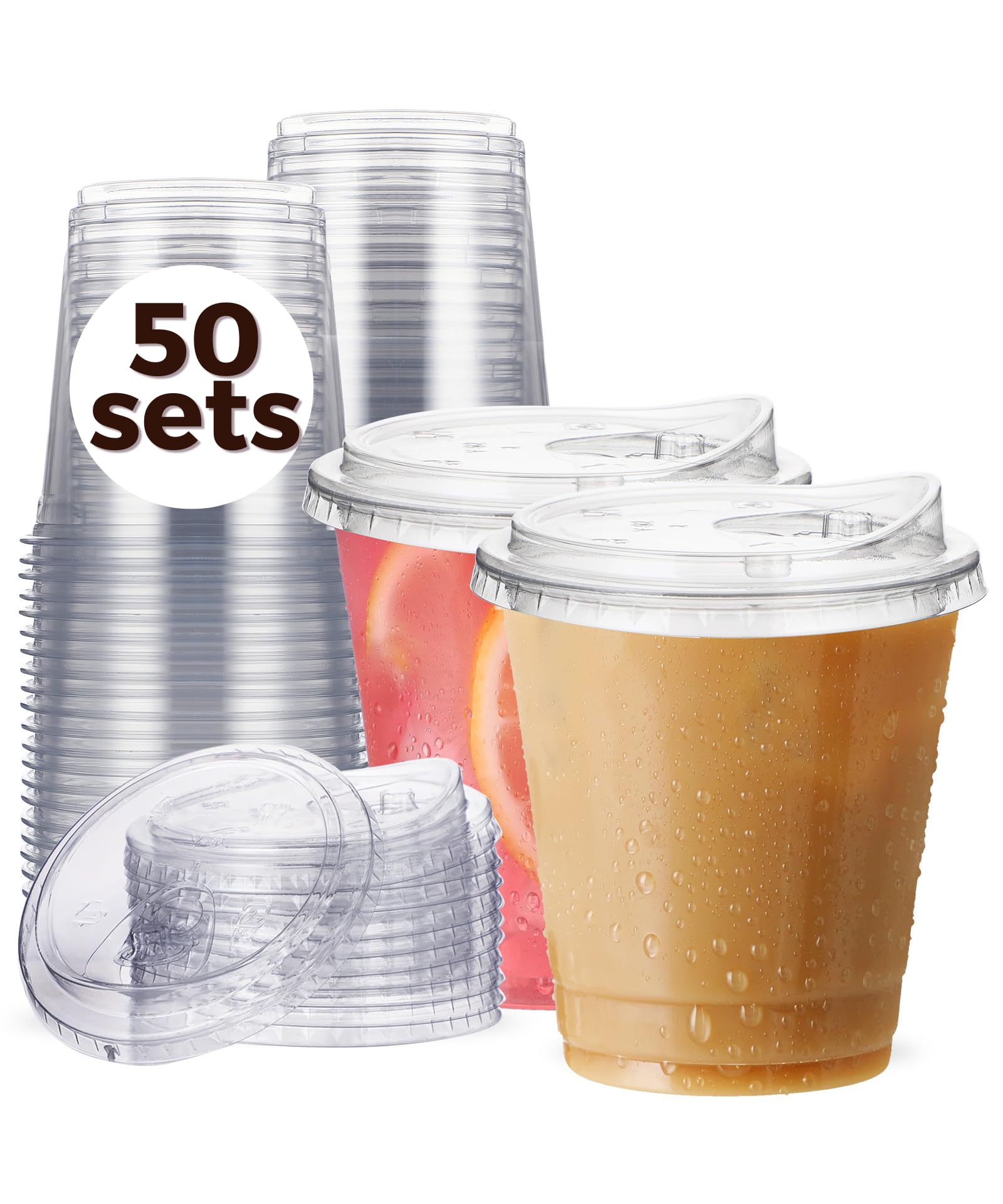 12 oz Clear Plastic Cups with Strawless-Sip-Lids, 50 Sets Disposable Cups Plastic Iced Coffee Cups, To Go Cups with Sip Through Lids for Smoothie, Milkshake, Cold Drinks for Party, Wedding, Event
